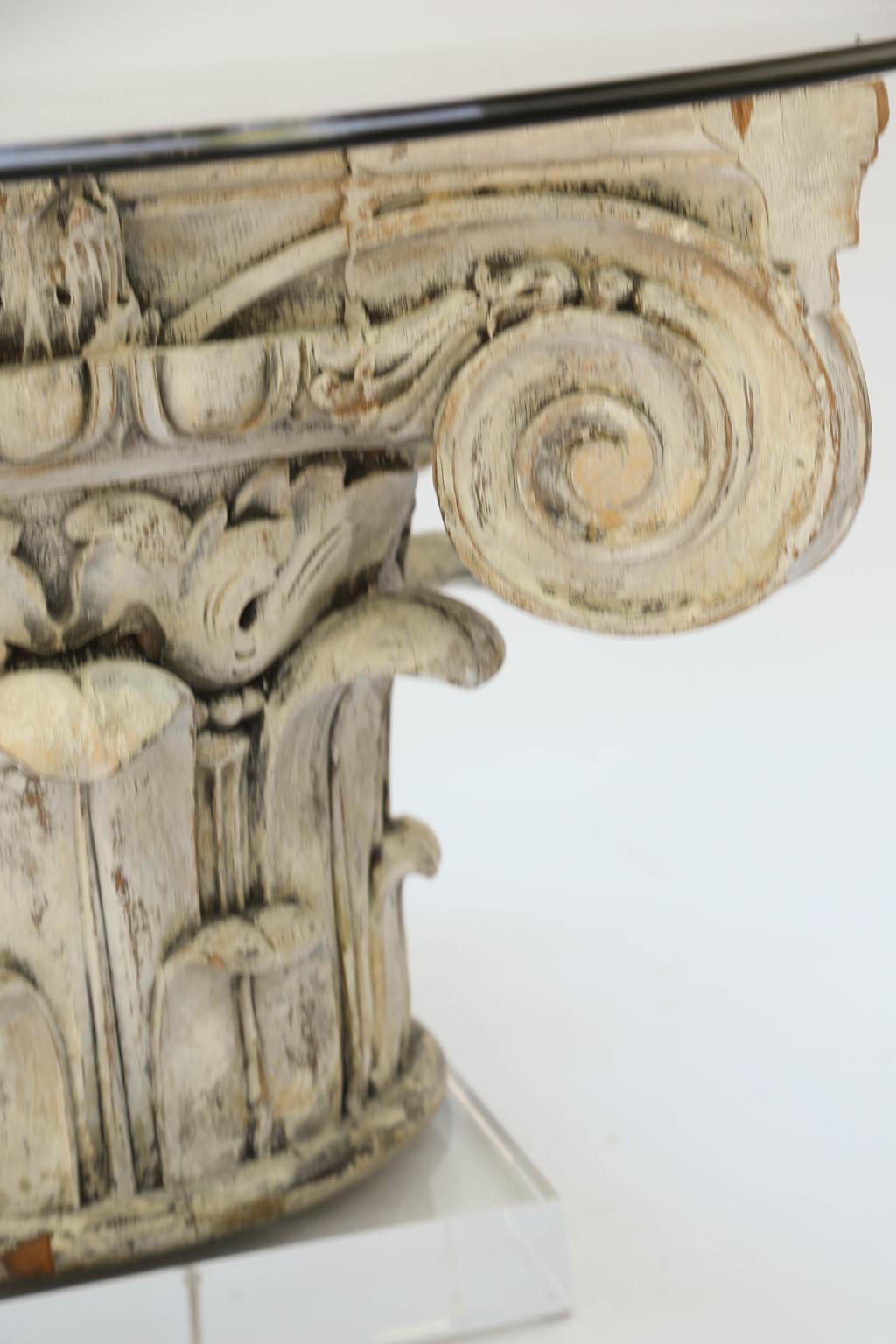Italian Carved Corinthian Capital Cocktail Table on Lucite Base