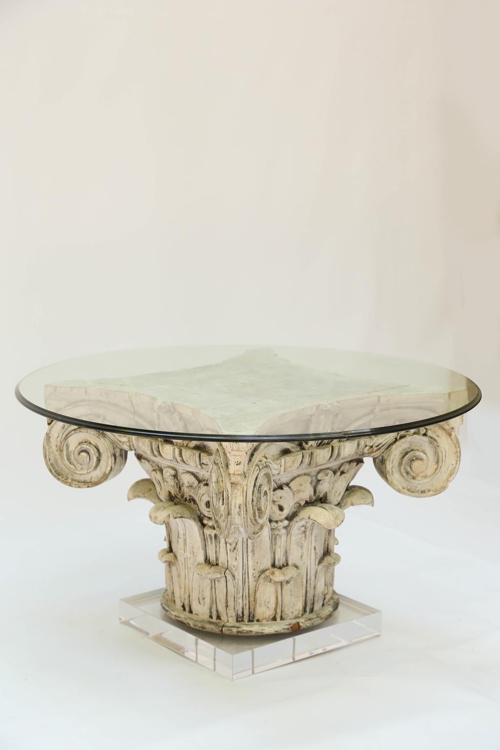 Hand-Carved Carved Corinthian Capital Cocktail Table on Lucite Base