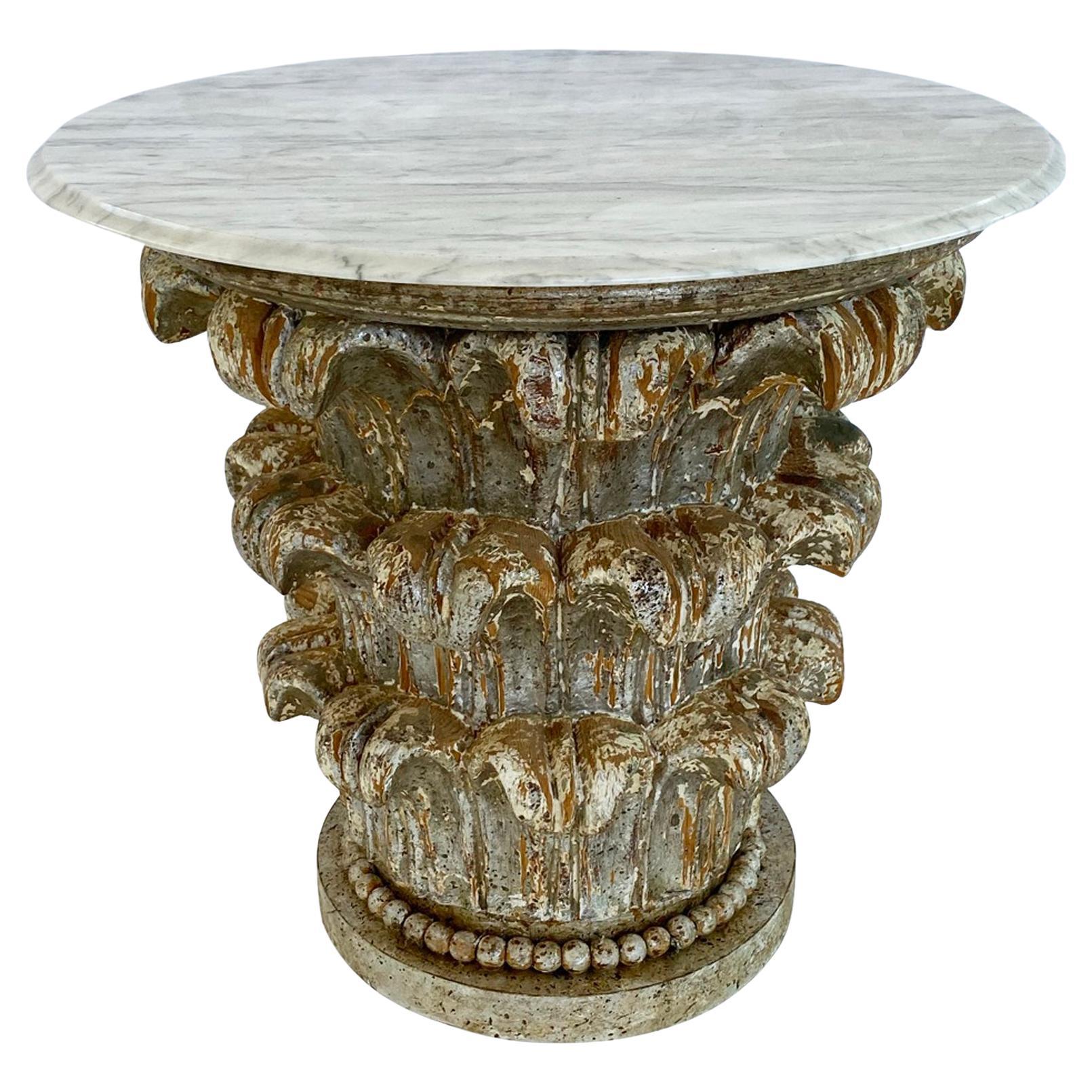 Carved Corinthian Capital Side Table with Round Carrara Marble Top