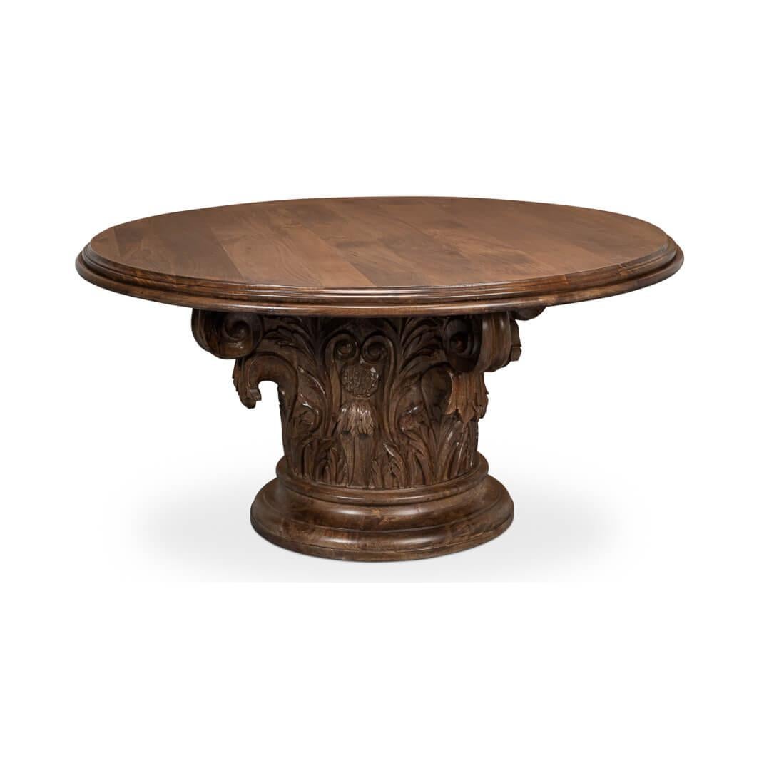 A masterpiece that exudes a regal aura and timeless craftsmanship. This exquisite table features an ornate carved pedestal base, intricately carved with acanthus leaves and classic architectural details that will transport you to the grandeur of