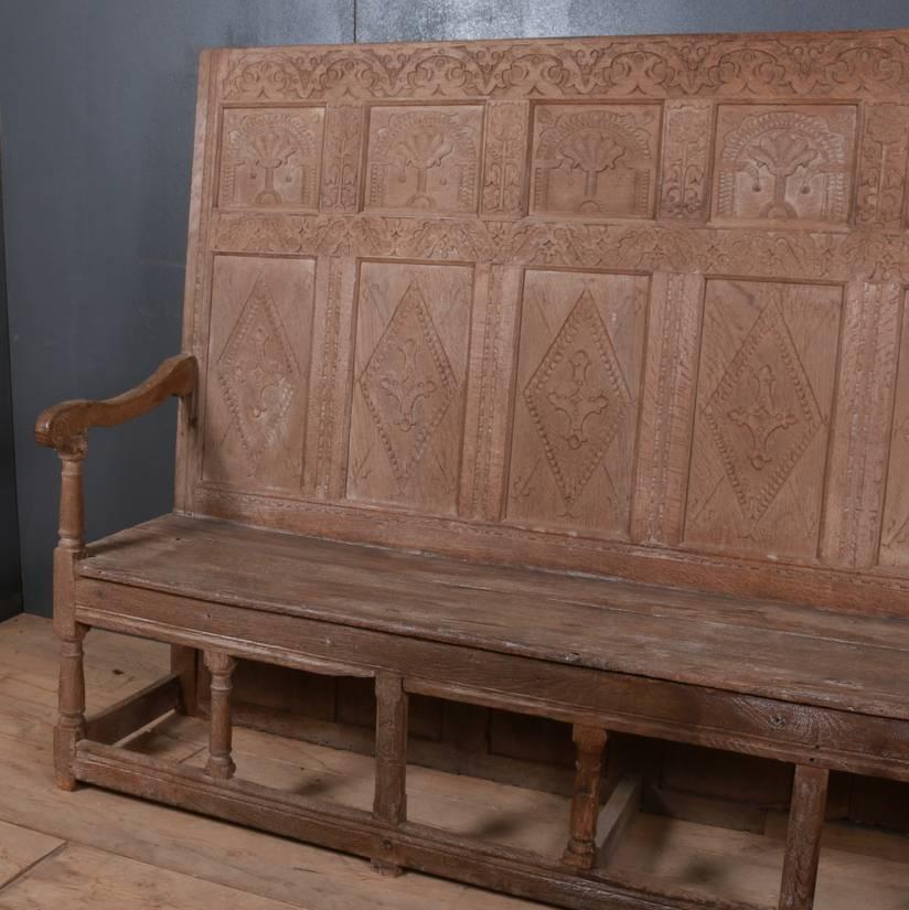 Wonderful 17th century carved and naturally pale country house settle, lovely warm finish and great presence, 1690

 

Dimensions
81 inches (206 cms) wide
21 inches (53 cms) deep
57 inches (145 cms) high.