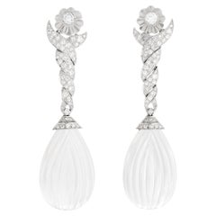 Carved Crystal and Diamond Dangle Platinum Earrings