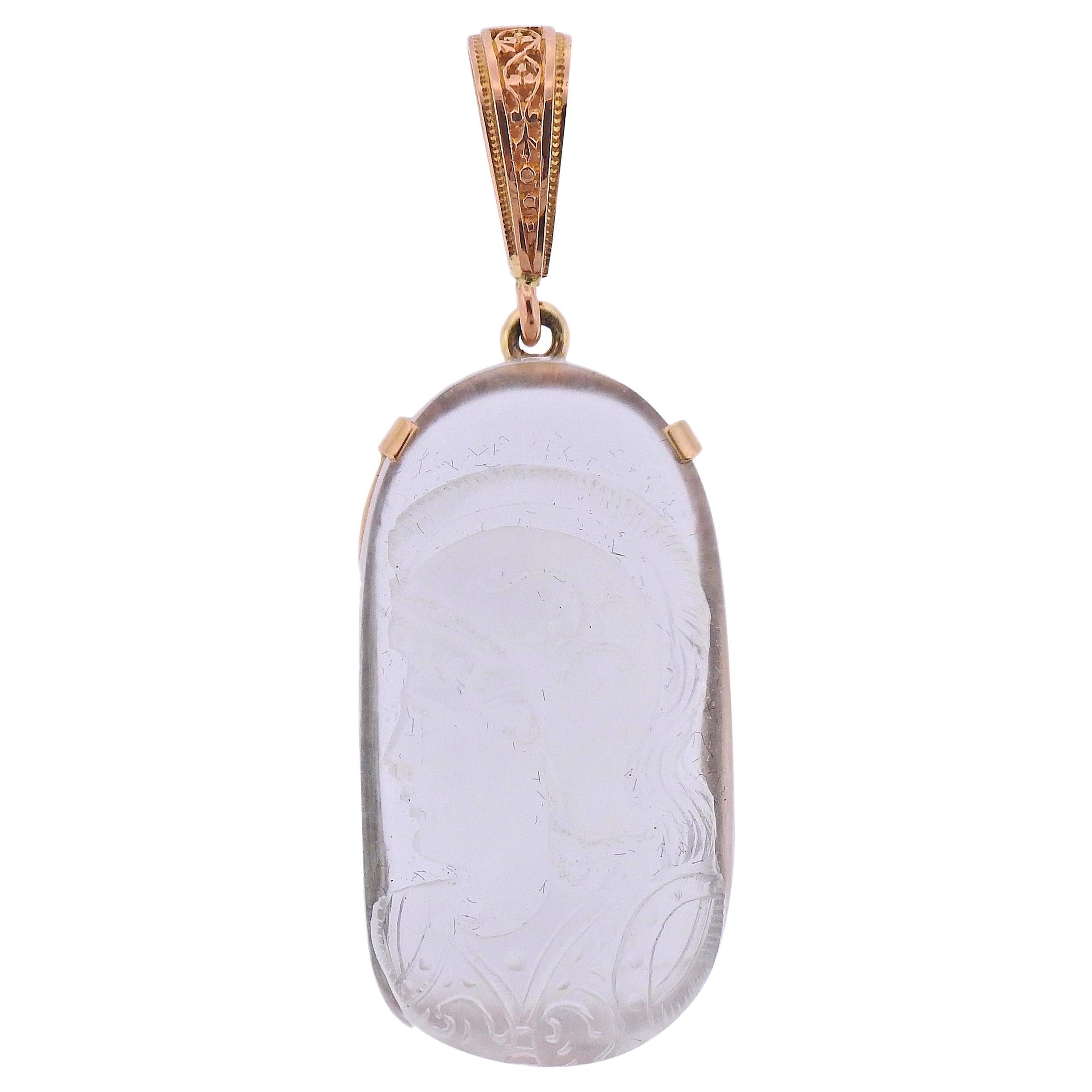 Carved Crystal Cameo Gold Pendant For Sale