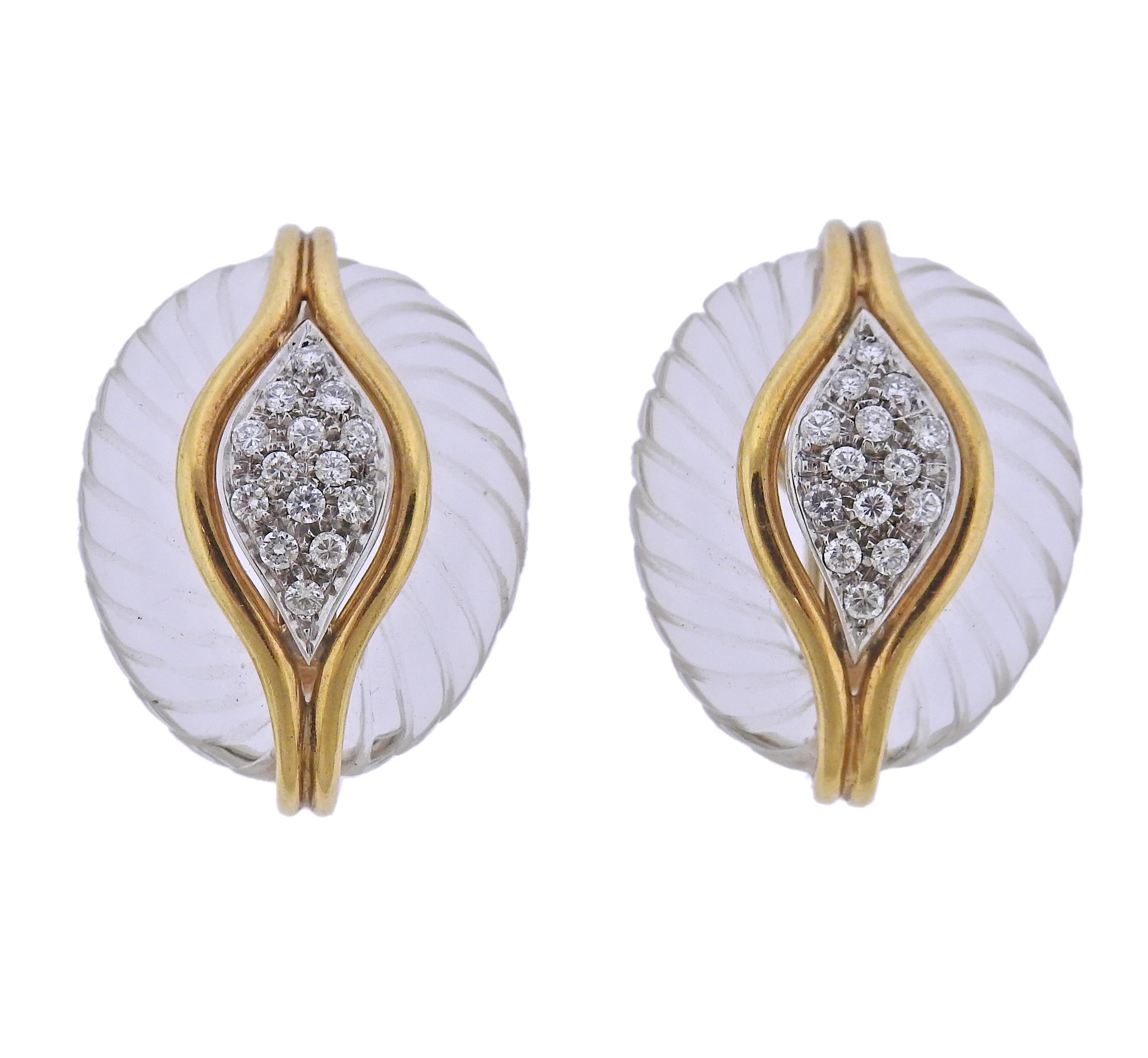 Pair of 18k gold earrings with carved crystal and approx. 0.30ctw VS/SI H diamonds. Earrings are 32mm x 23mm.  Marked 750. Weight - 25.9 grams.