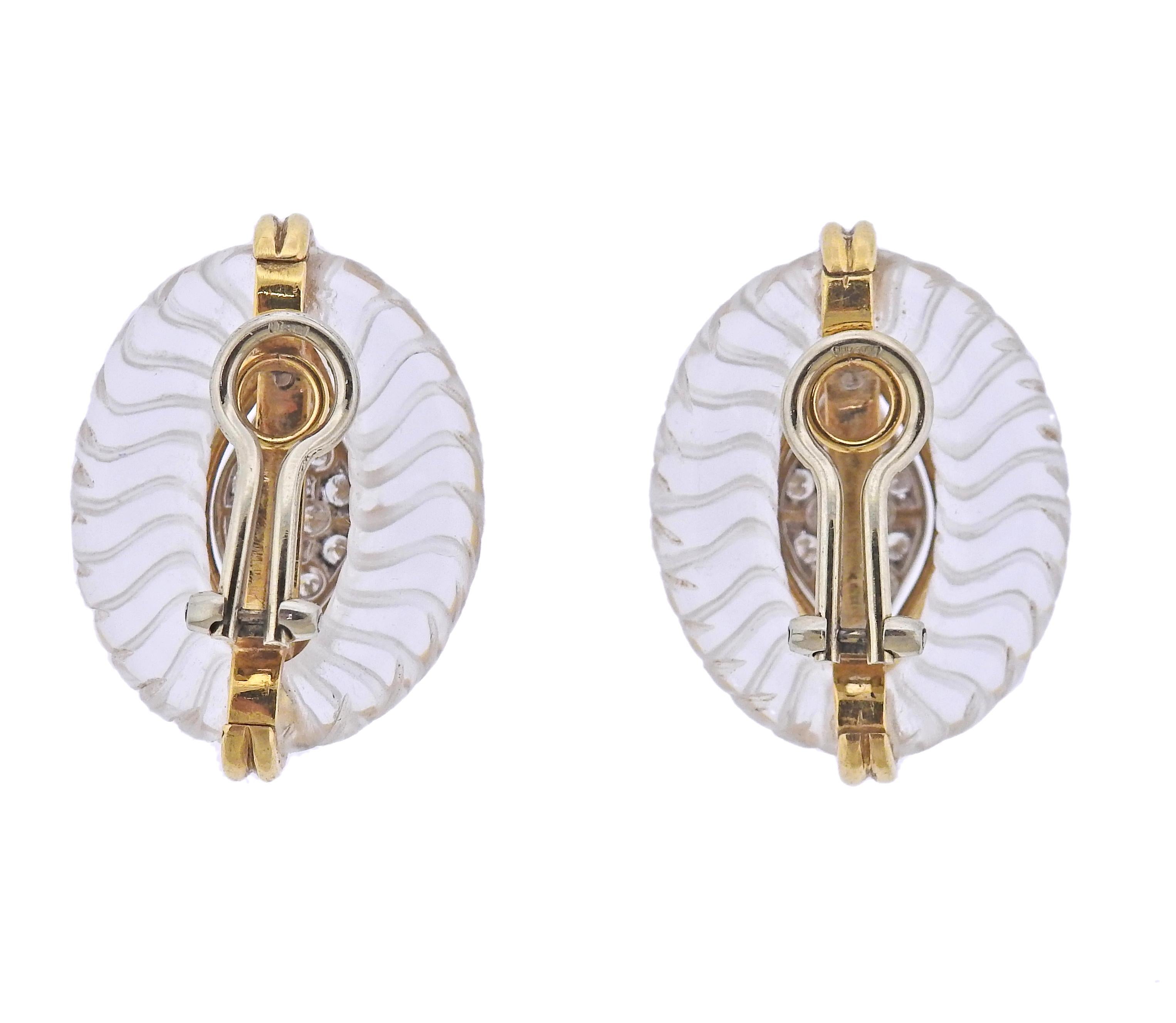 Round Cut Carved Crystal Diamond Gold Earrings For Sale