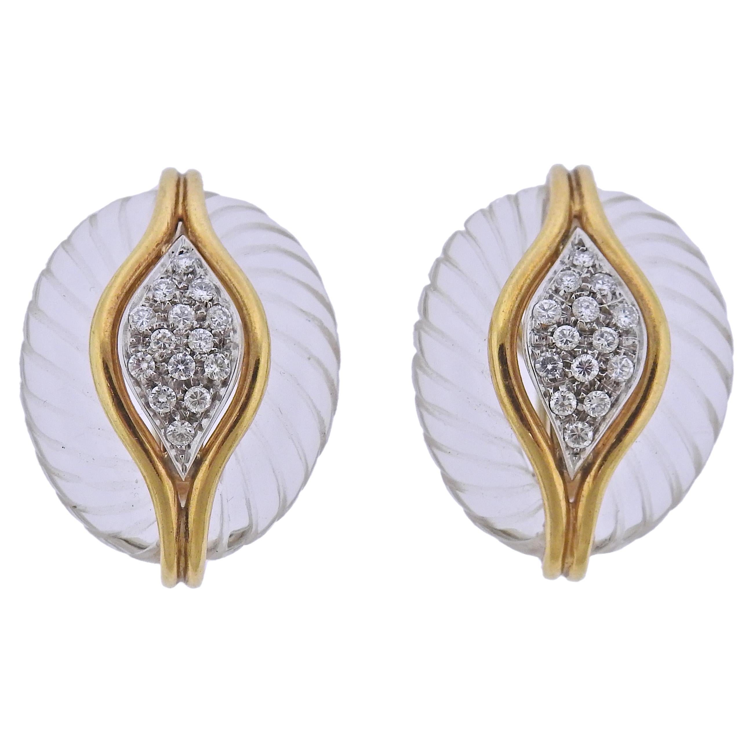 Carved Crystal Diamond Gold Earrings For Sale