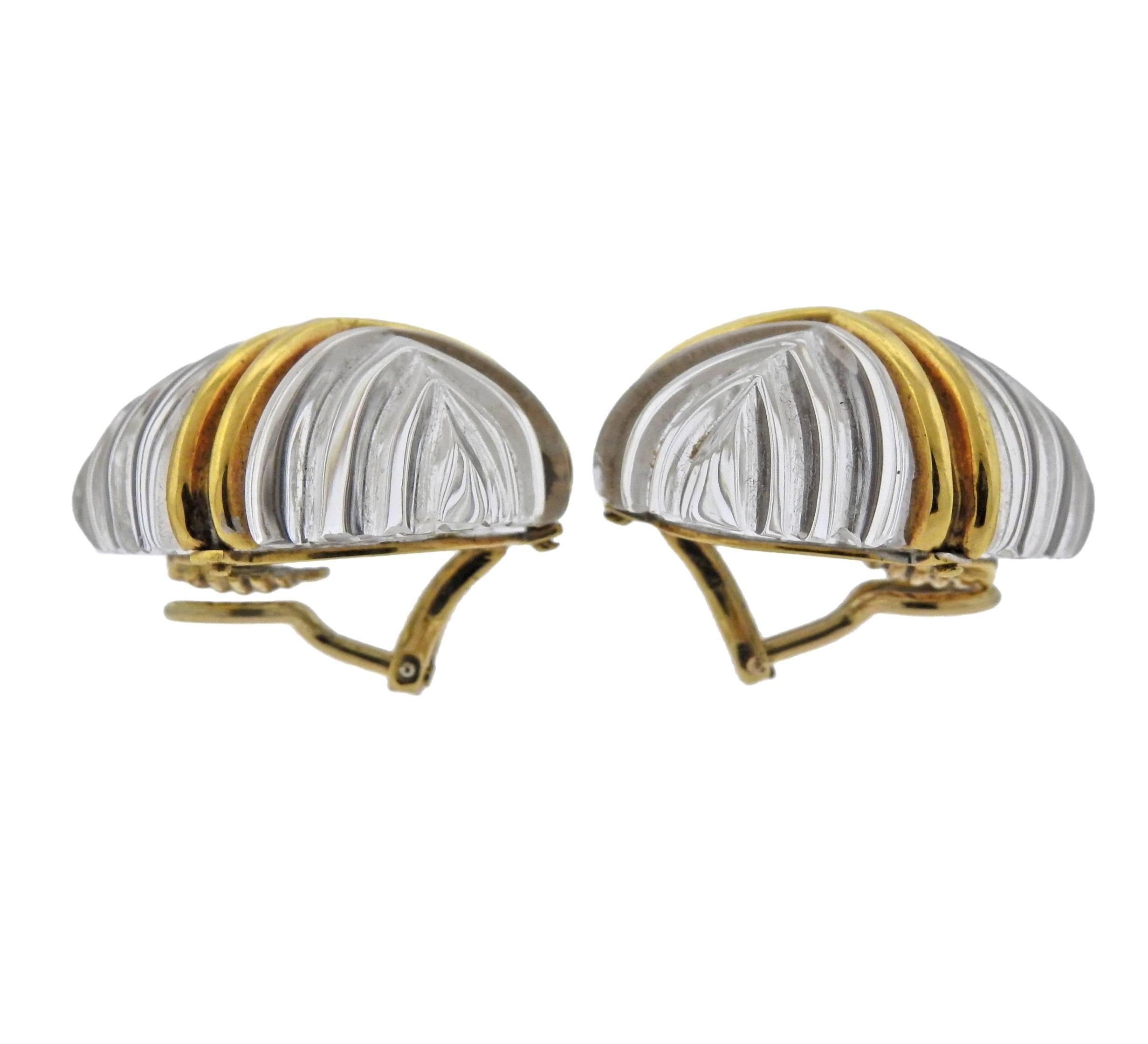 Pair of 18k yellow gold earrings, set with carved crystal. Earrings are 27mm x 27mm, marked: T, 18k. Weight - 32.6 grams.