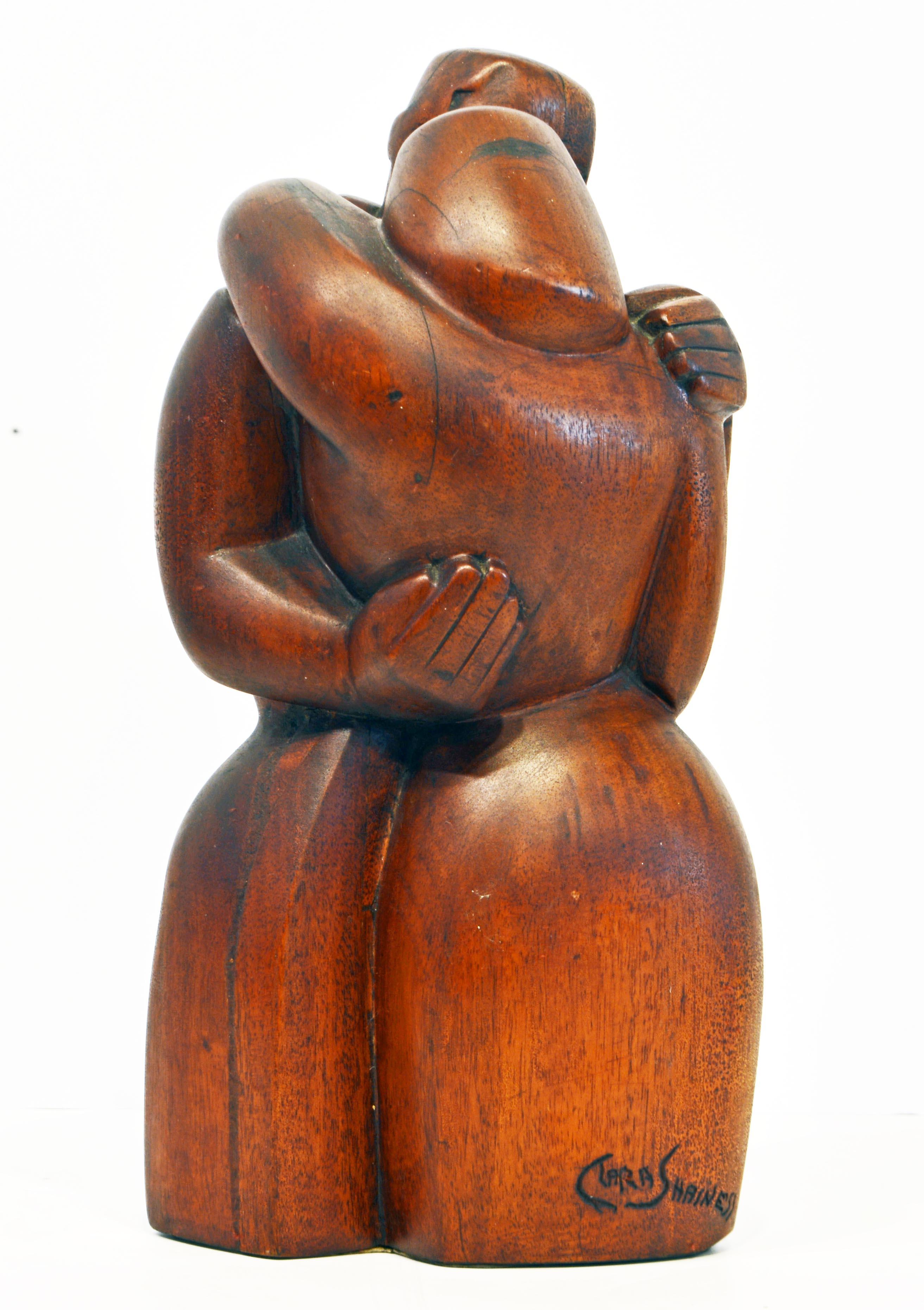 Mid-Century Modern Carved Cubist Style Mahogany Sculpture 'Farewell' by Clara Shainess, 1896-1987
