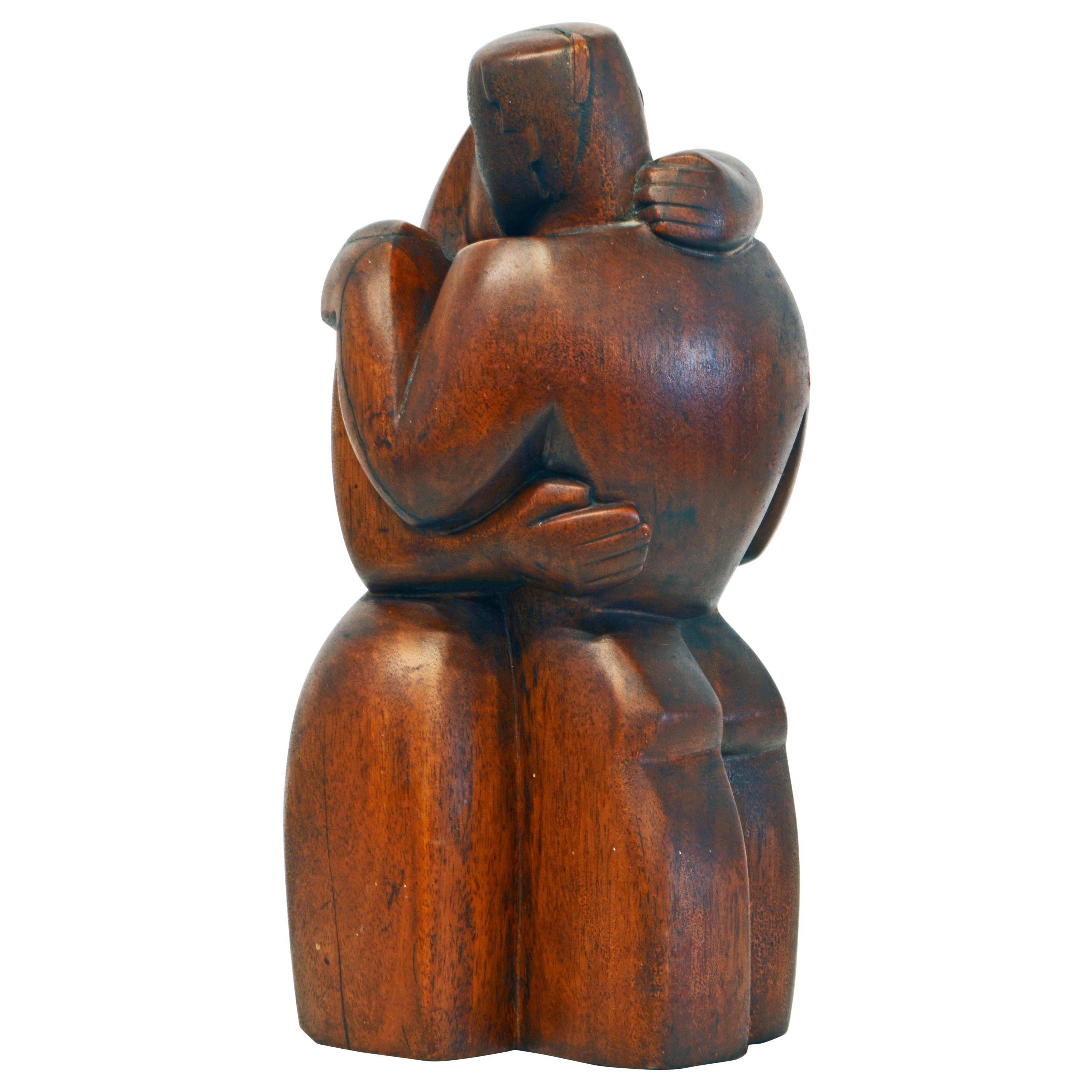 Carved Cubist Style Mahogany Sculpture 'Farewell' by Clara Shainess, 1896-1987
