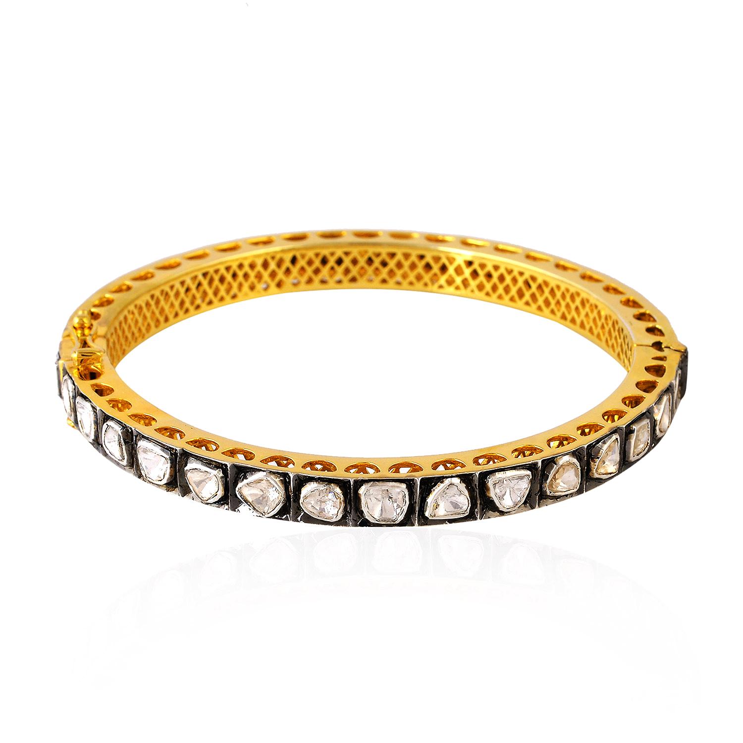 Art Nouveau Single Line Polki Diamonds Cuff Made in 18k Gold & Silver For Sale
