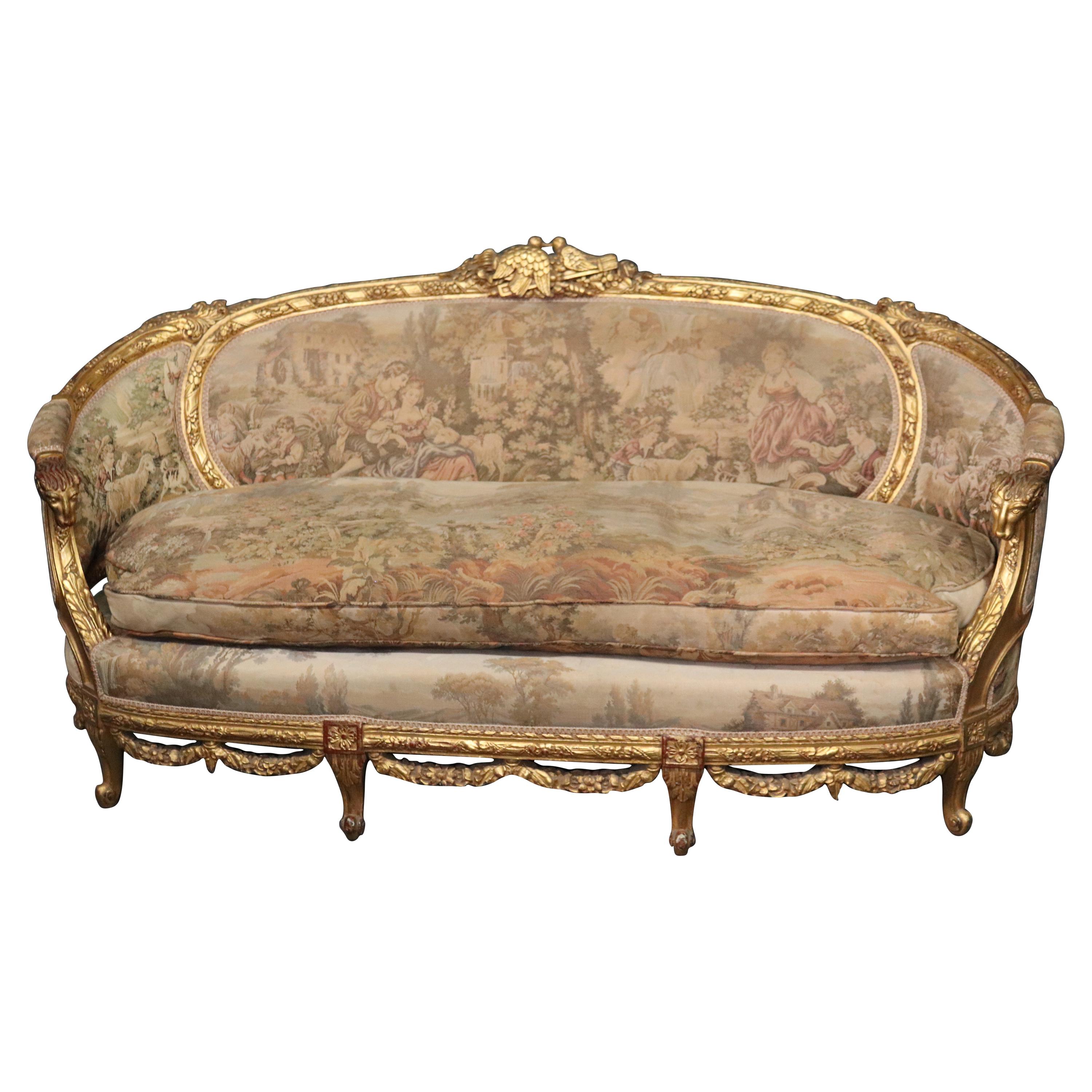 Carved Curved Back French Louis XV Gilded Rams Head and Lovebirds Sofa Settee