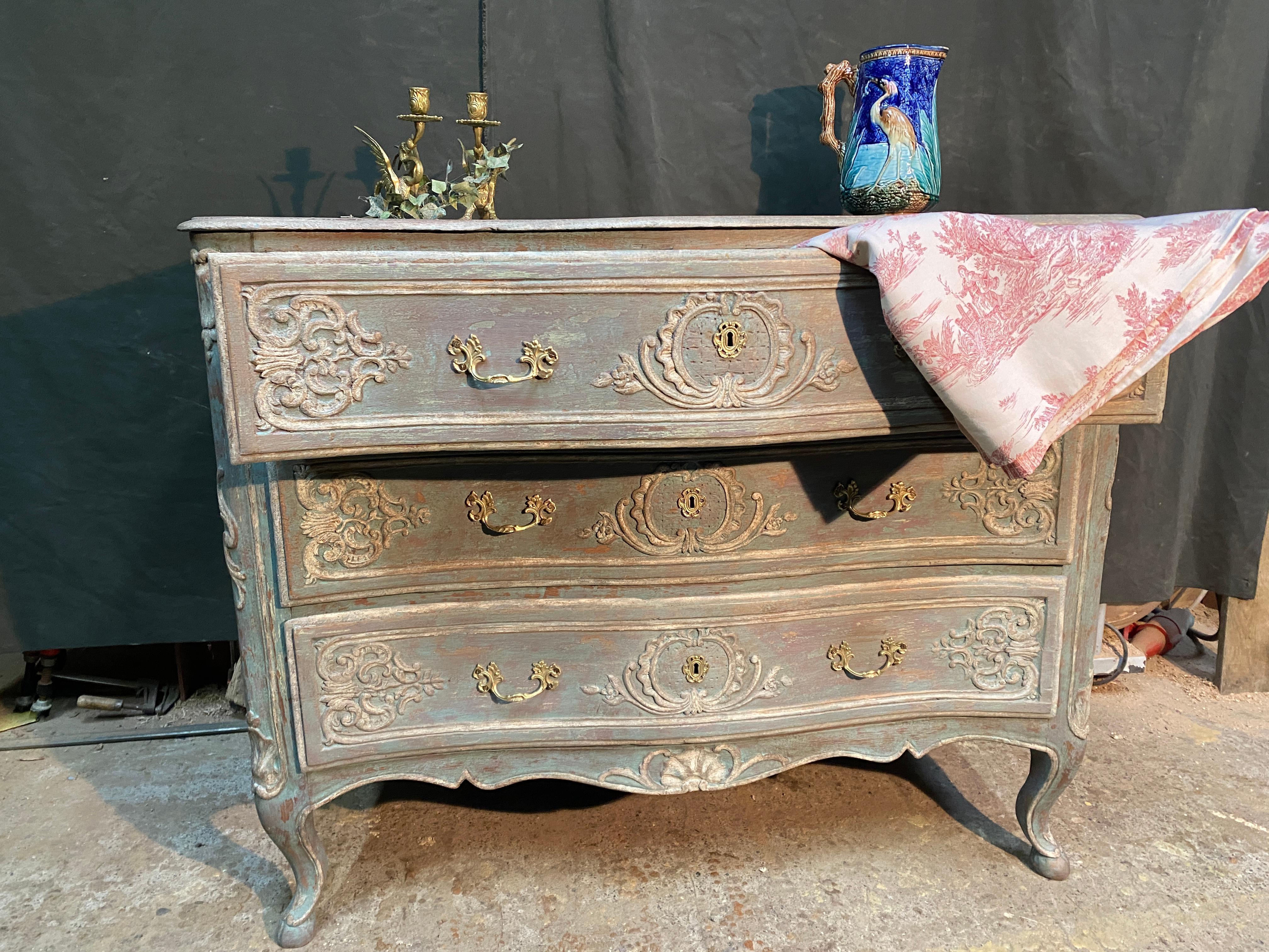 carved curved chest of drawers 18th century louis xv polychrome For Sale 2