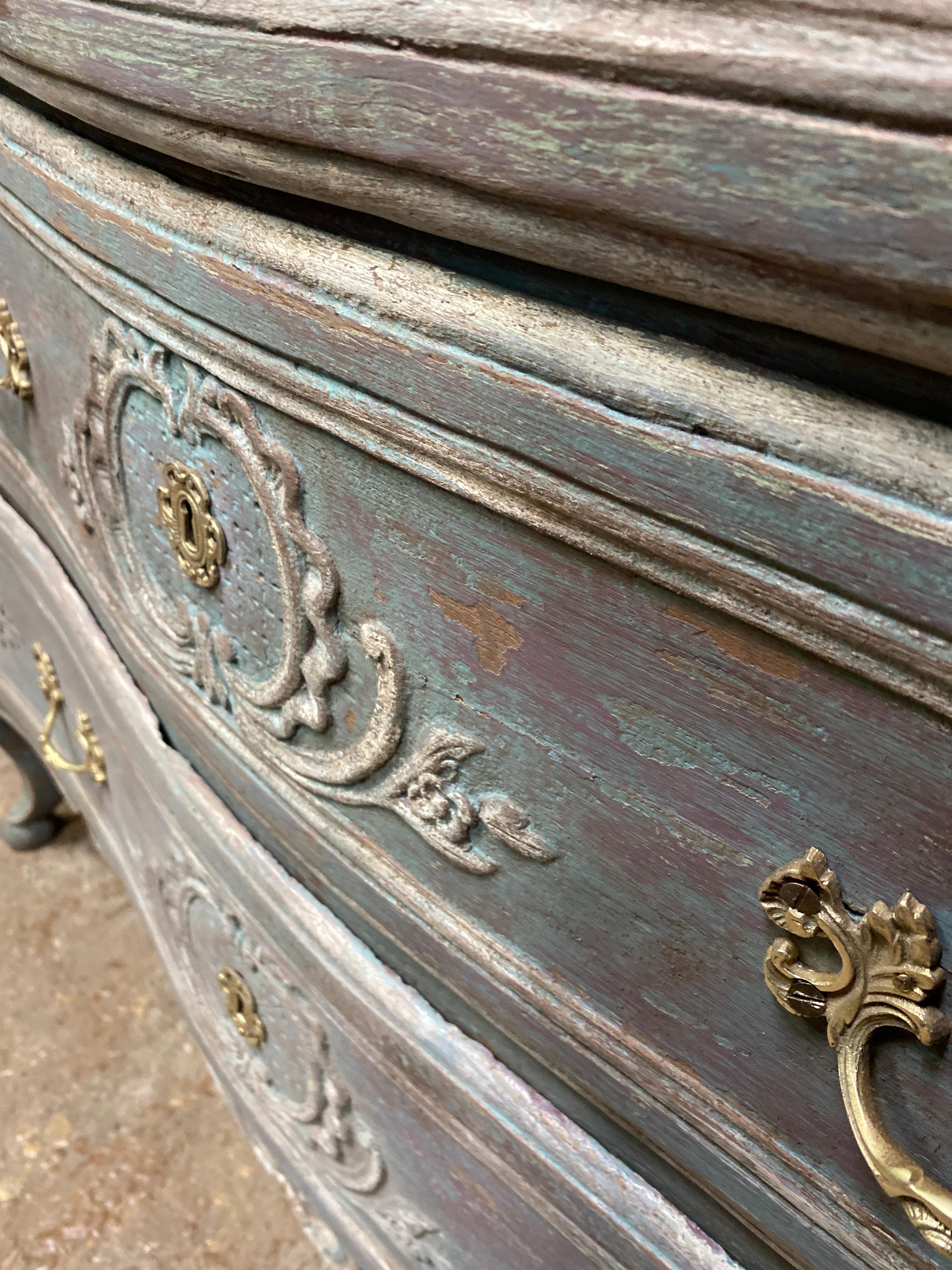 Louis XV carved curved chest of drawers 18th century louis xv polychrome For Sale