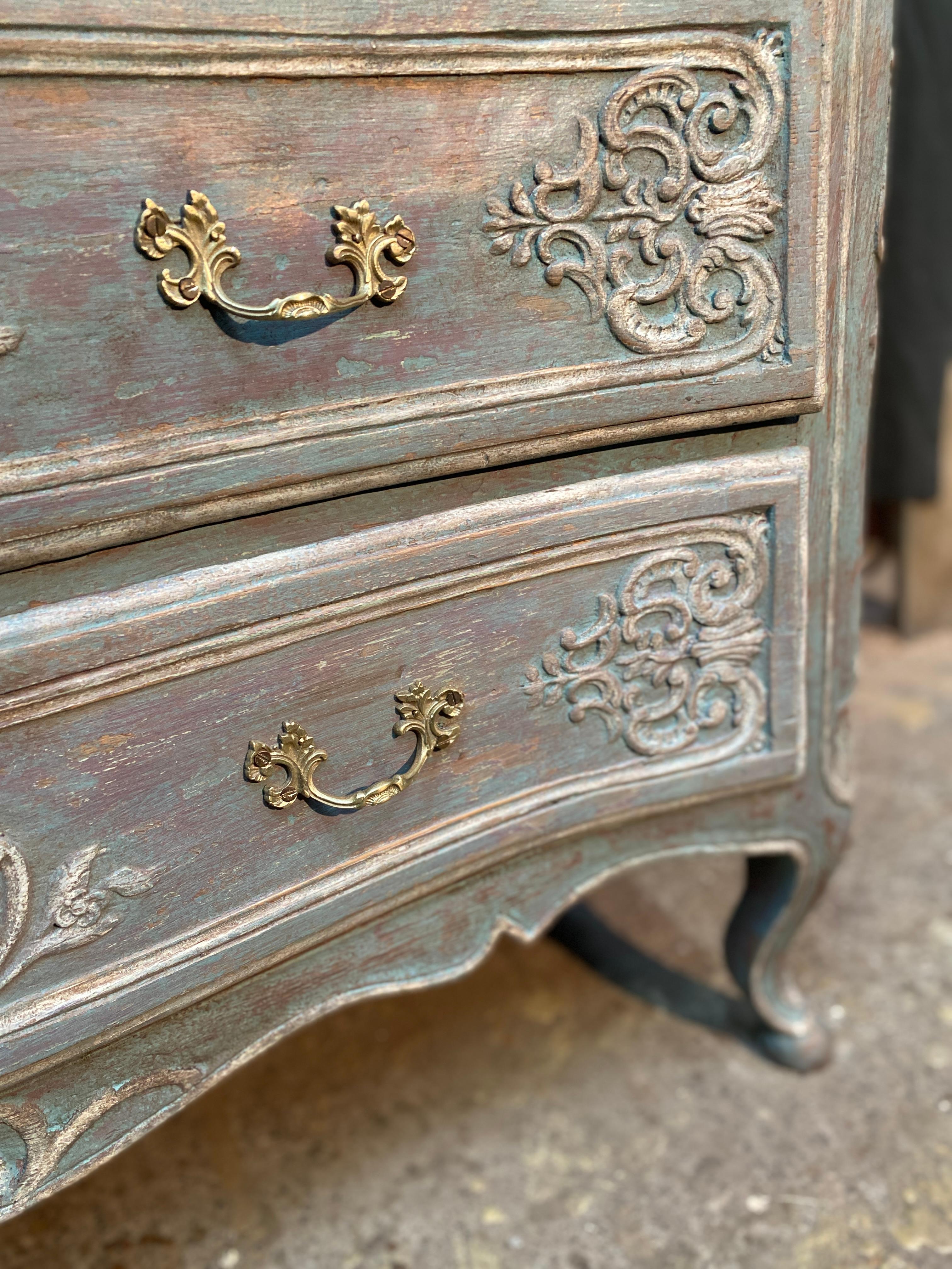Patinated carved curved chest of drawers 18th century louis xv polychrome For Sale