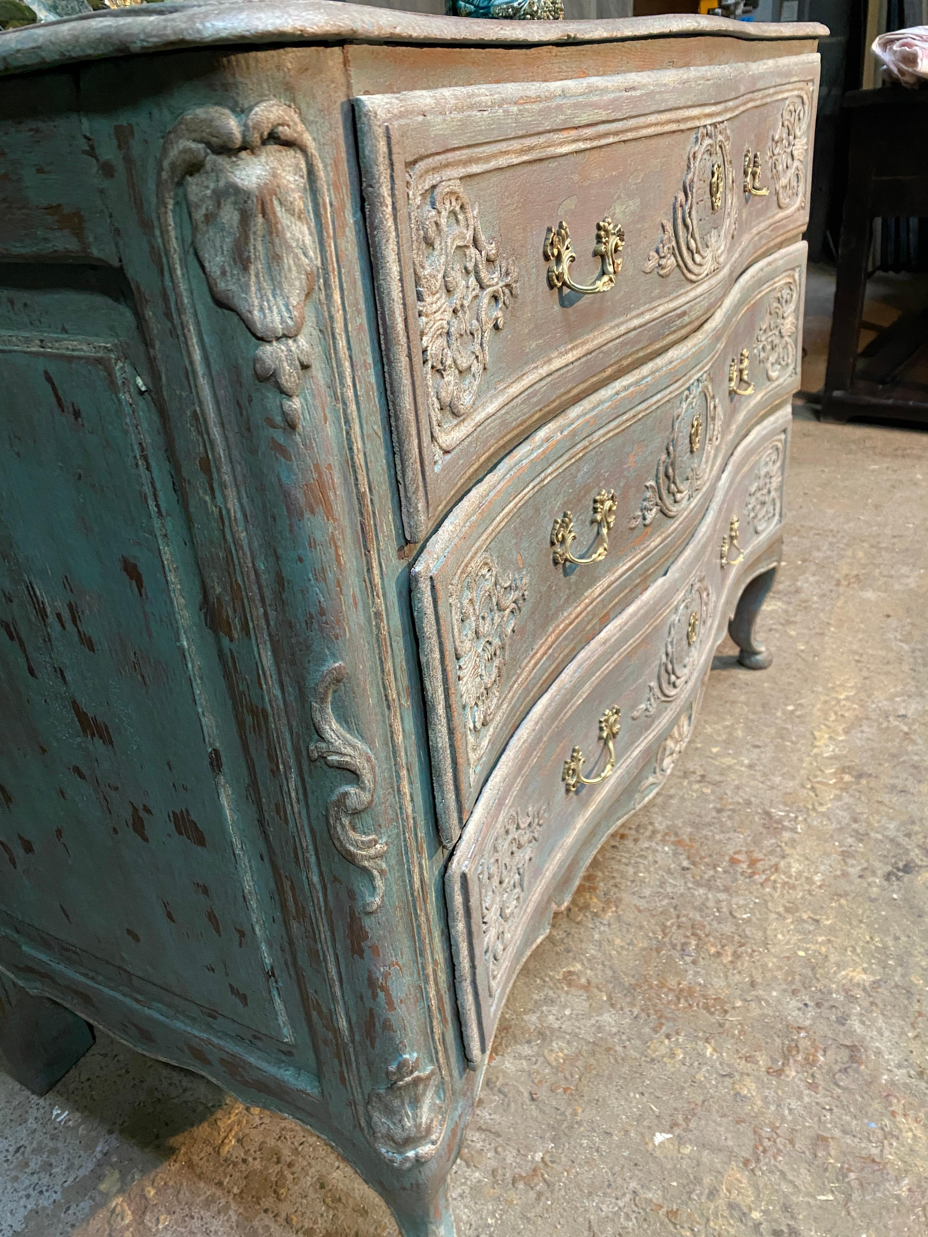 Oak carved curved chest of drawers 18th century louis xv polychrome For Sale
