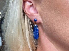 Carved Dangly Lapis Lazuli 14K Yellow Gold Earrings