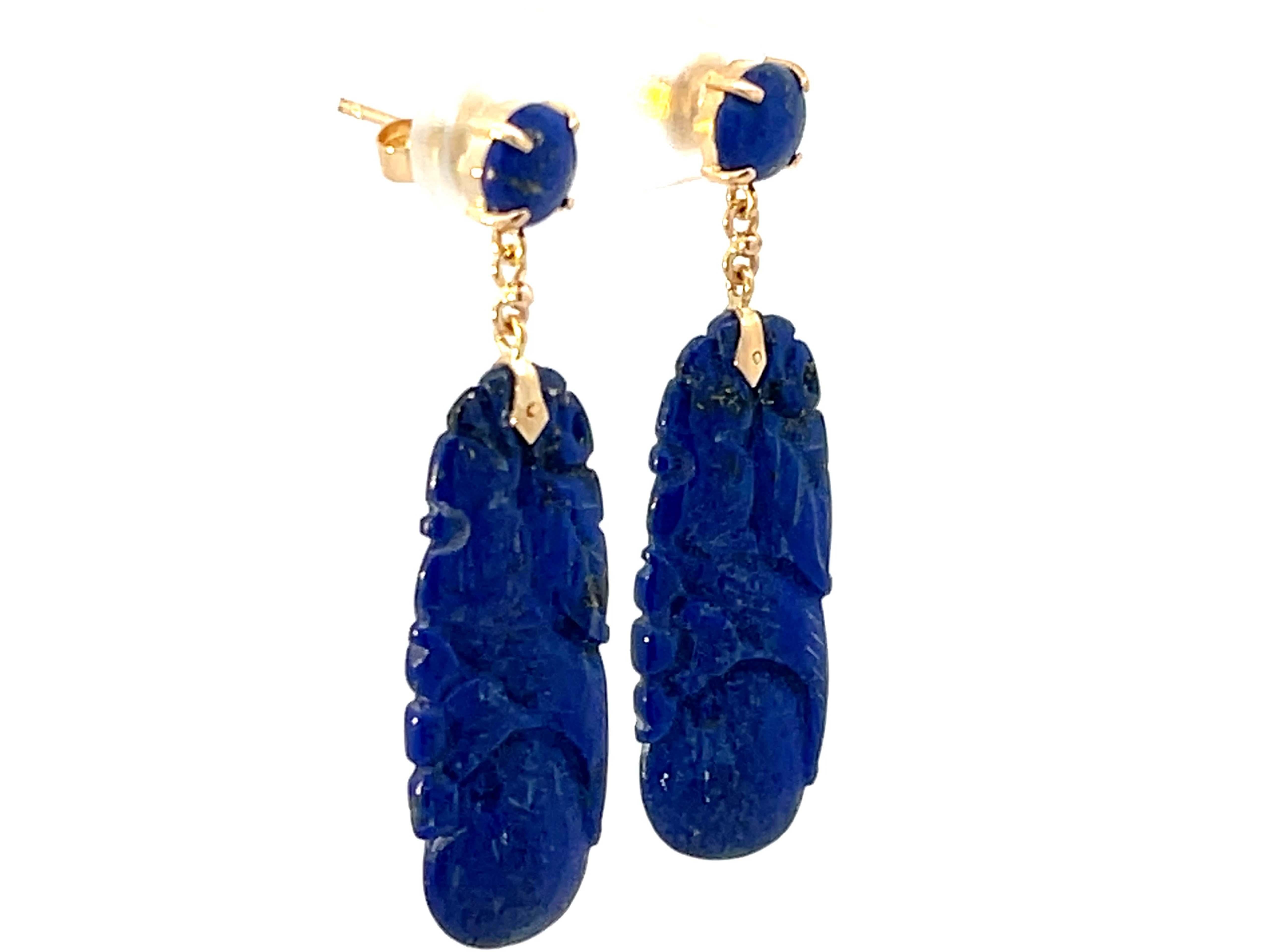 Modern Carved Dangly Lapis Lazuli 14K Yellow Gold Earrings For Sale