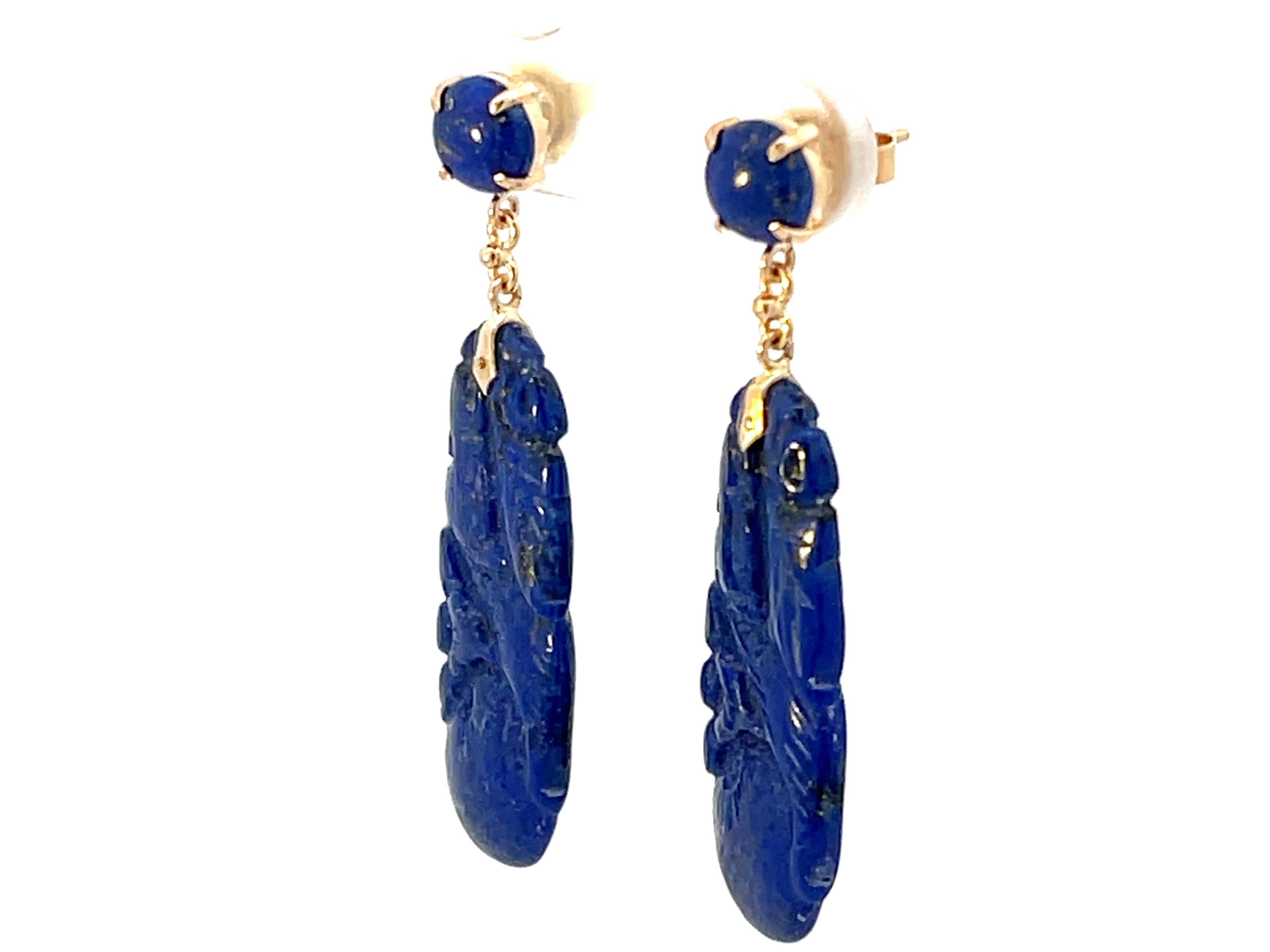 Mixed Cut Carved Dangly Lapis Lazuli 14K Yellow Gold Earrings For Sale