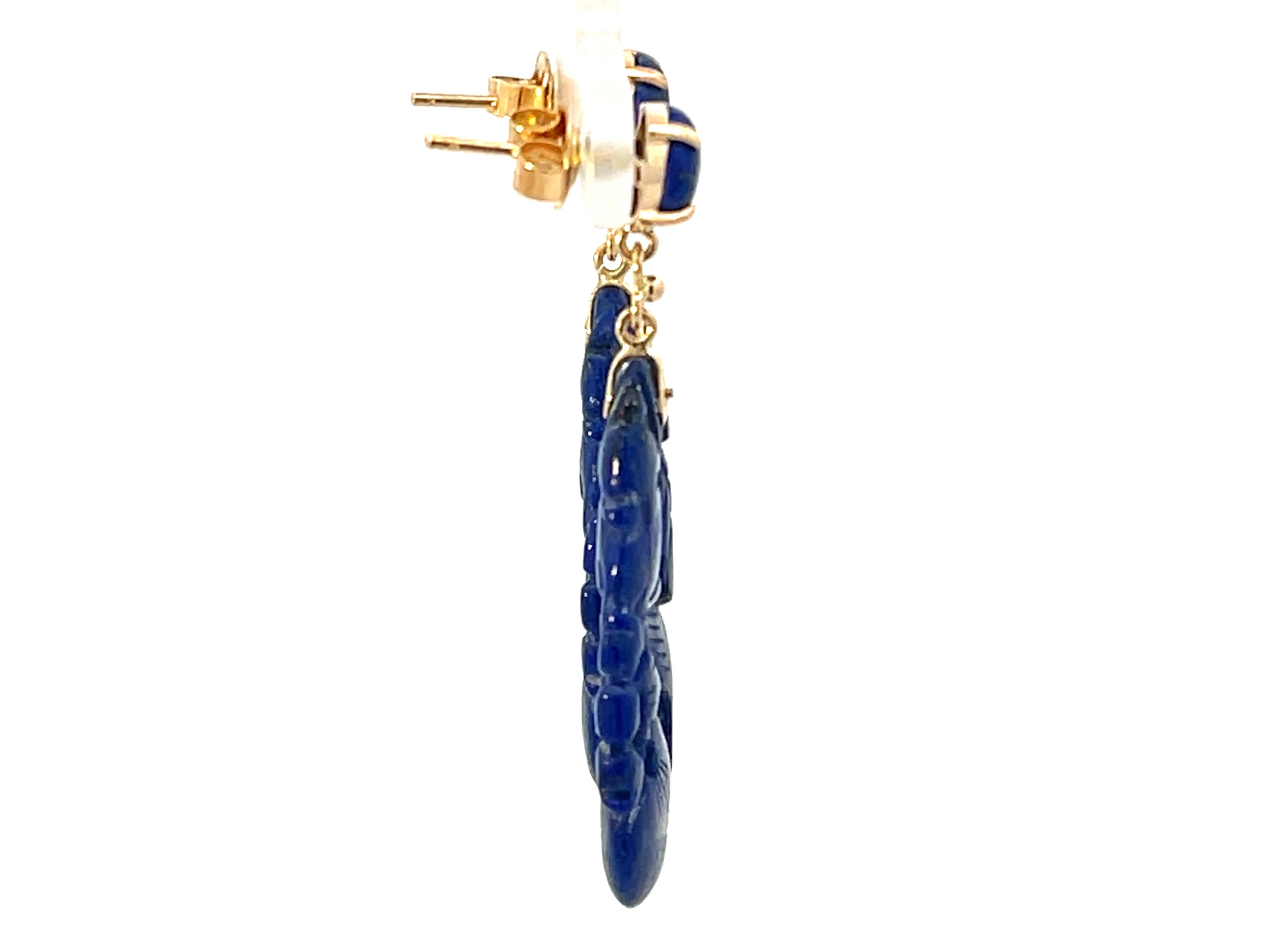 Carved Dangly Lapis Lazuli 14K Yellow Gold Earrings In Excellent Condition For Sale In Honolulu, HI