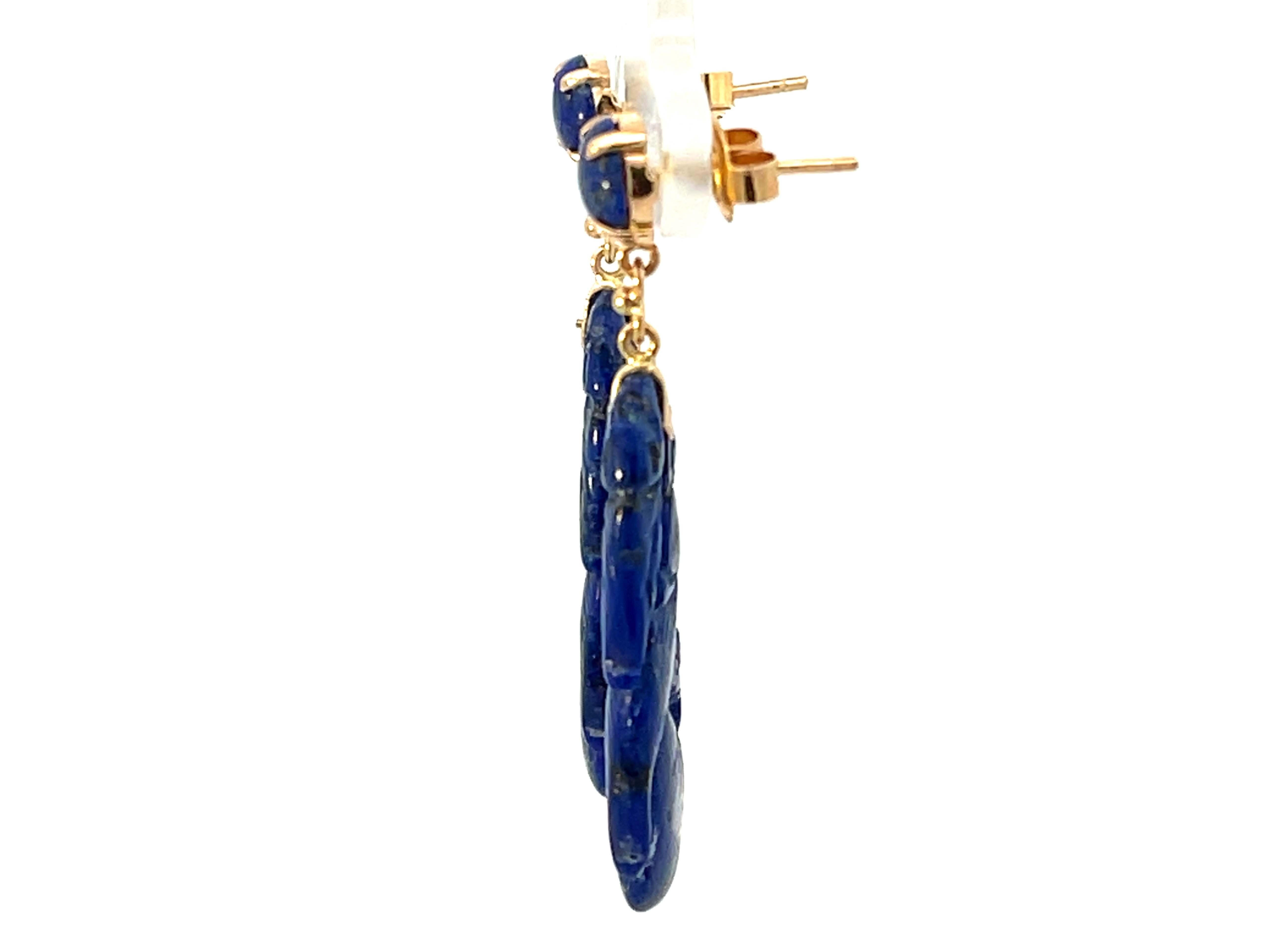 Women's Carved Dangly Lapis Lazuli 14K Yellow Gold Earrings For Sale