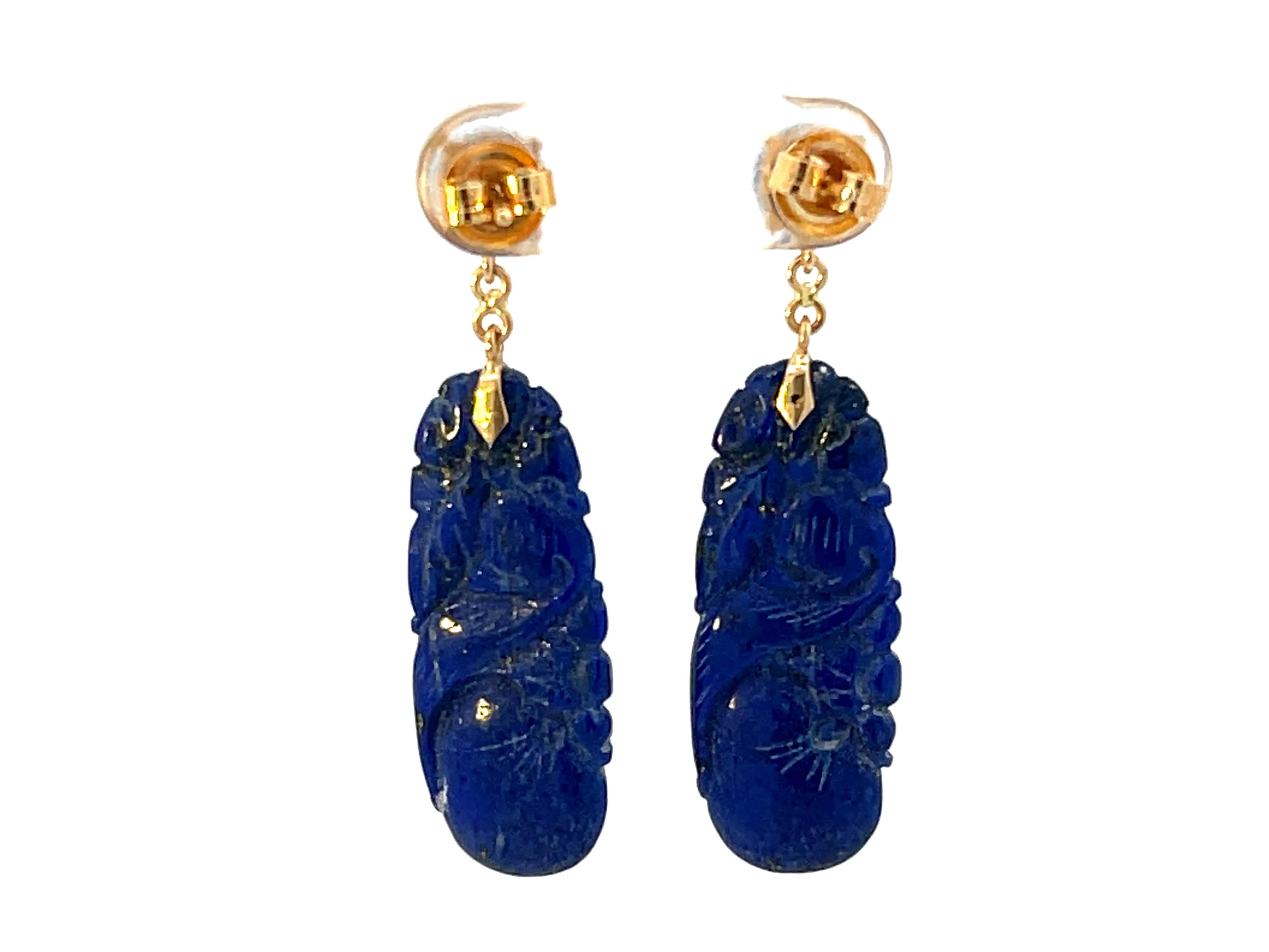 Carved Dangly Lapis Lazuli 14K Yellow Gold Earrings For Sale 1