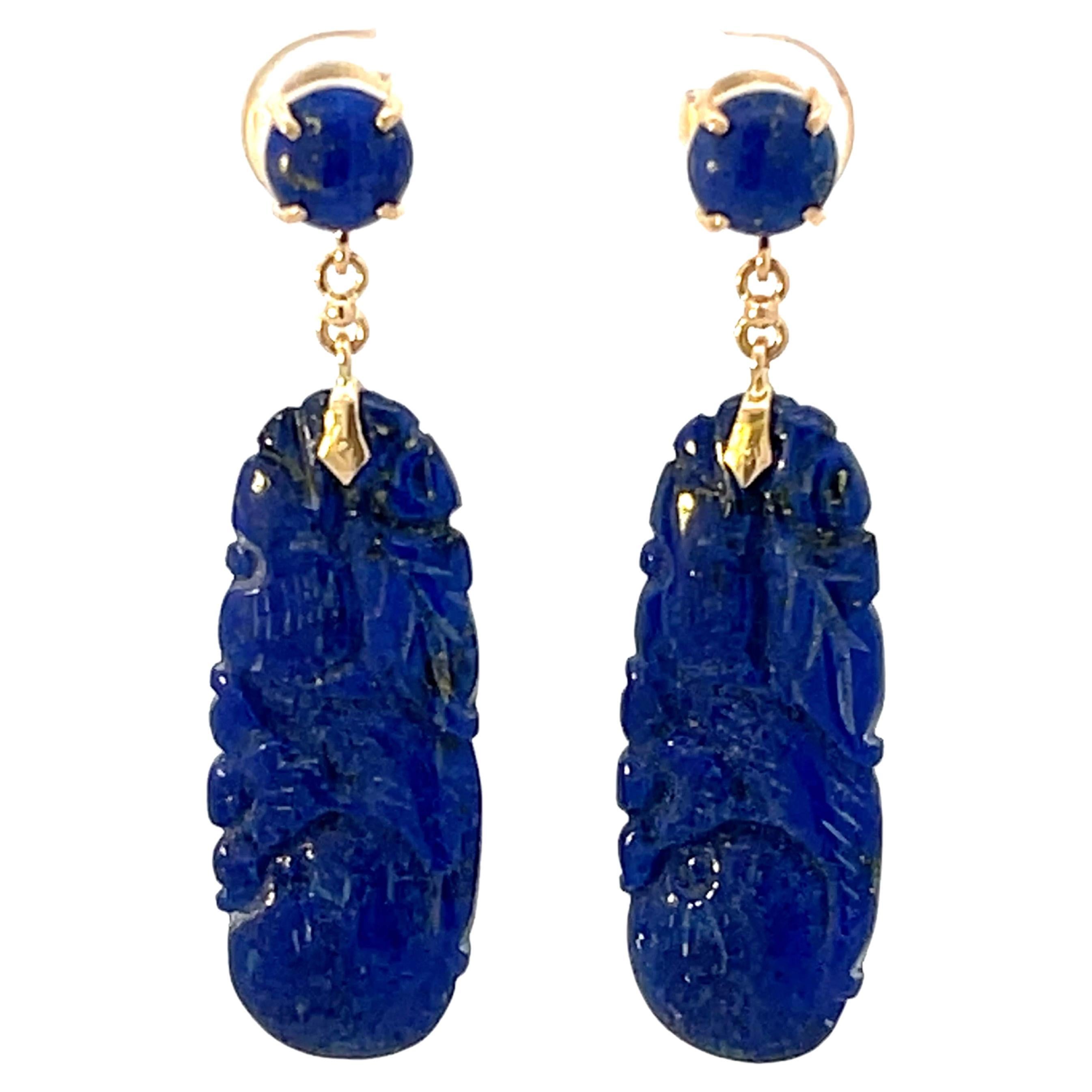 Carved Dangly Lapis Lazuli 14K Yellow Gold Earrings For Sale
