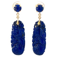 Vintage Carved Dangly Lapis Lazuli 14K Yellow Gold Earrings