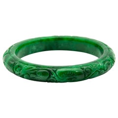 Retro Floral Carved Green Jade Bangle Bracelet