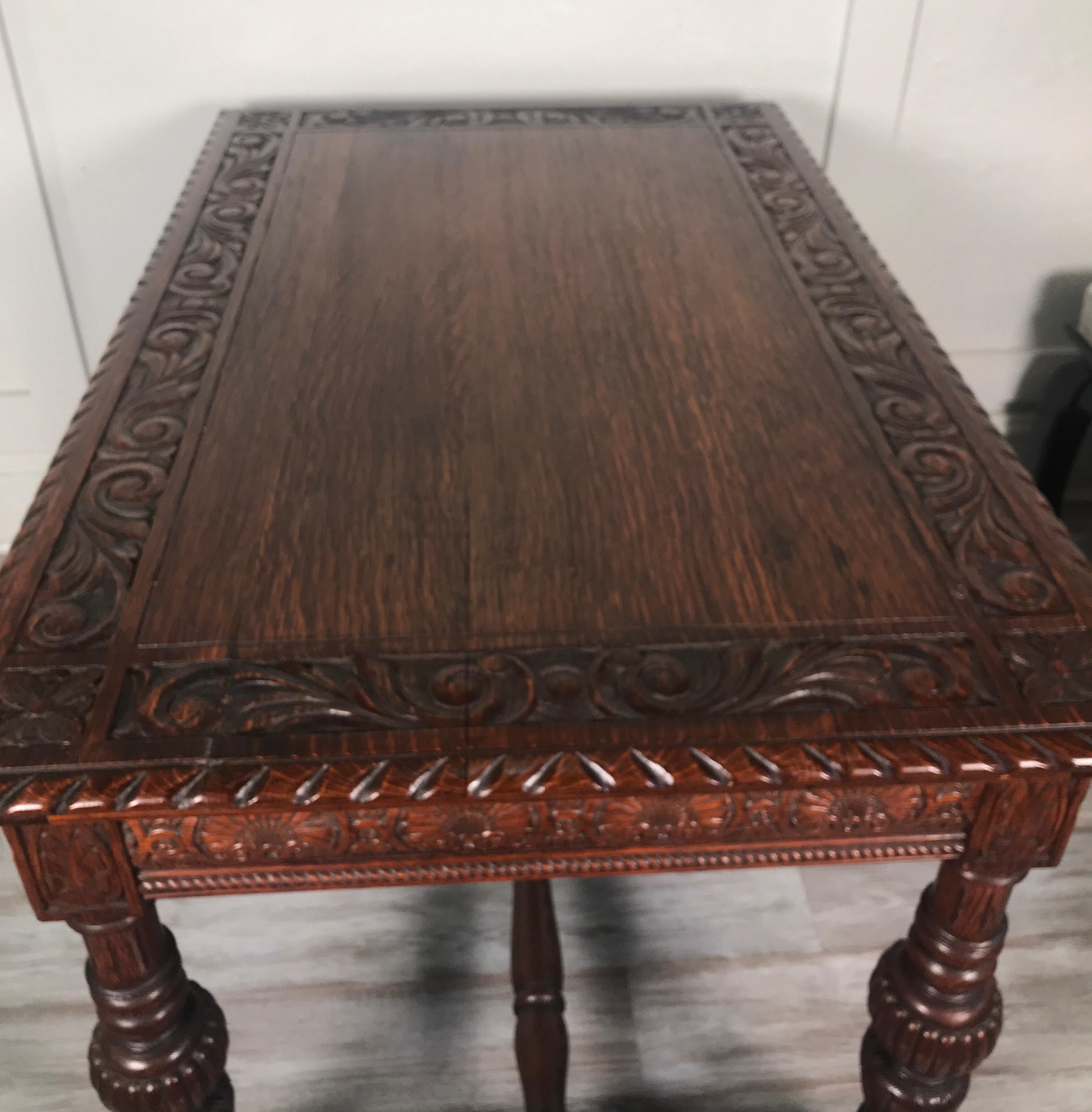 Carved Dark Oak Library Table In Good Condition In Lambertville, NJ