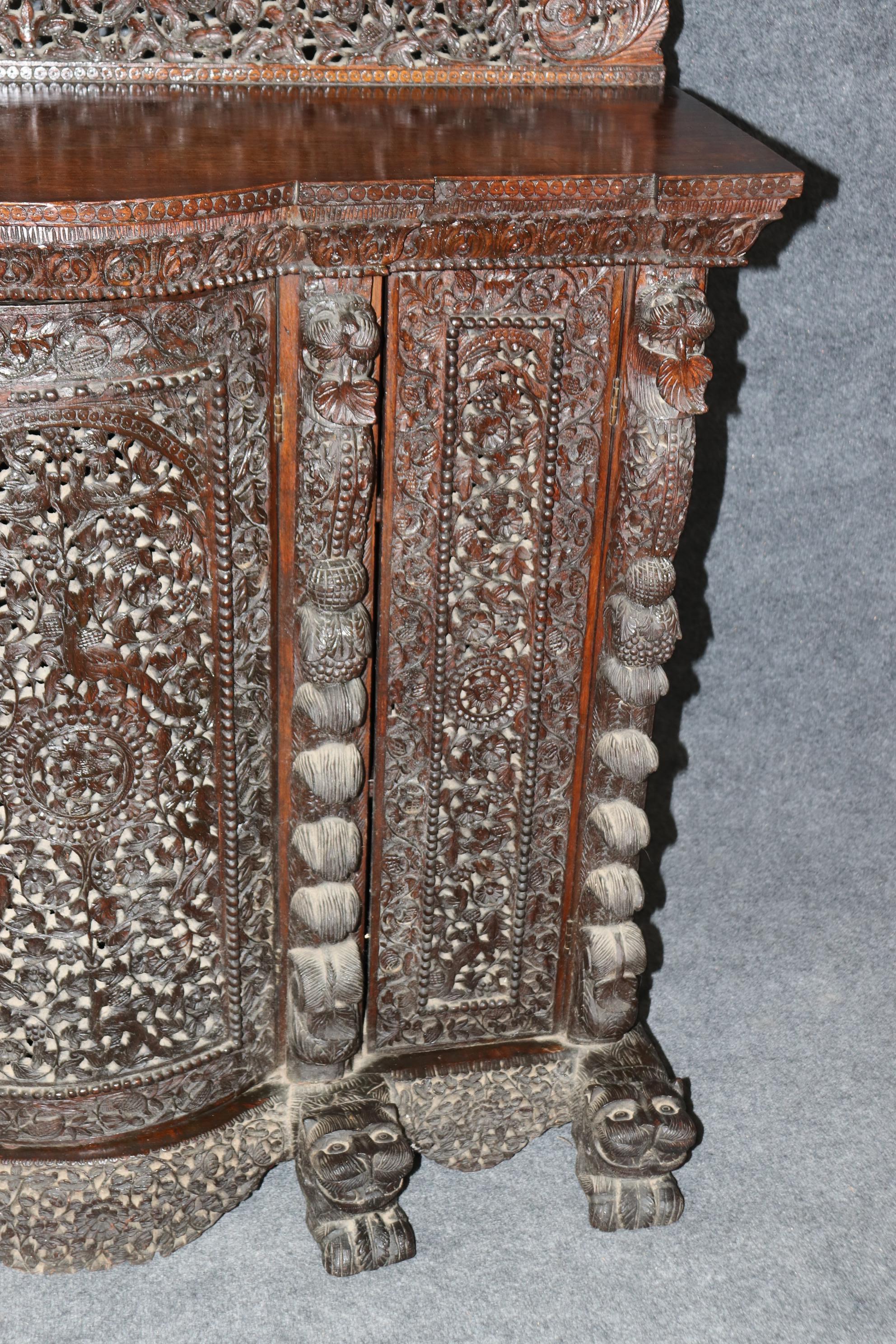 Carved Dark Teak Anglo-Indian Dog and Paw Footed Commode Buffet Cabinet 6