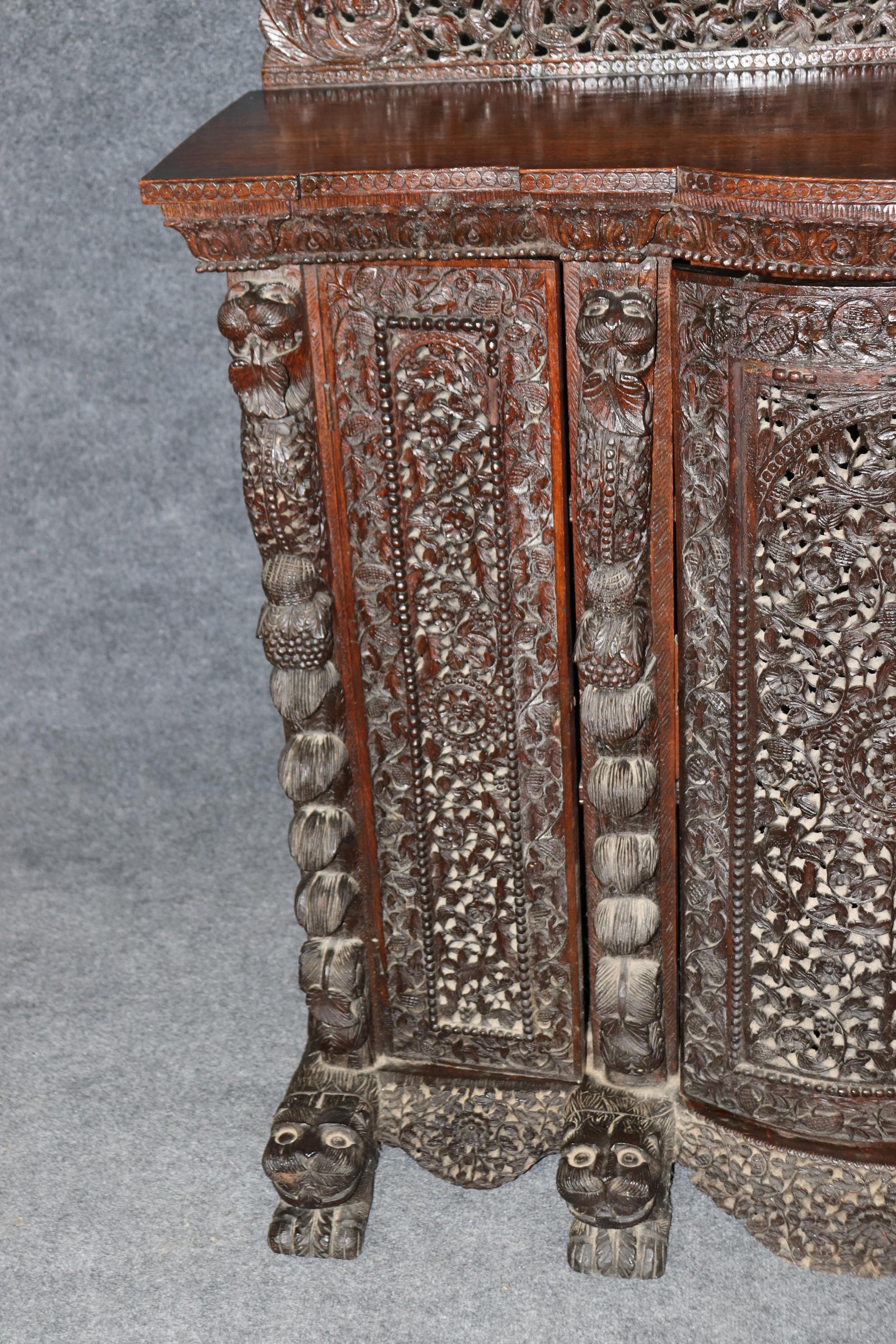 Carved Dark Teak Anglo-Indian Dog and Paw Footed Commode Buffet Cabinet 8