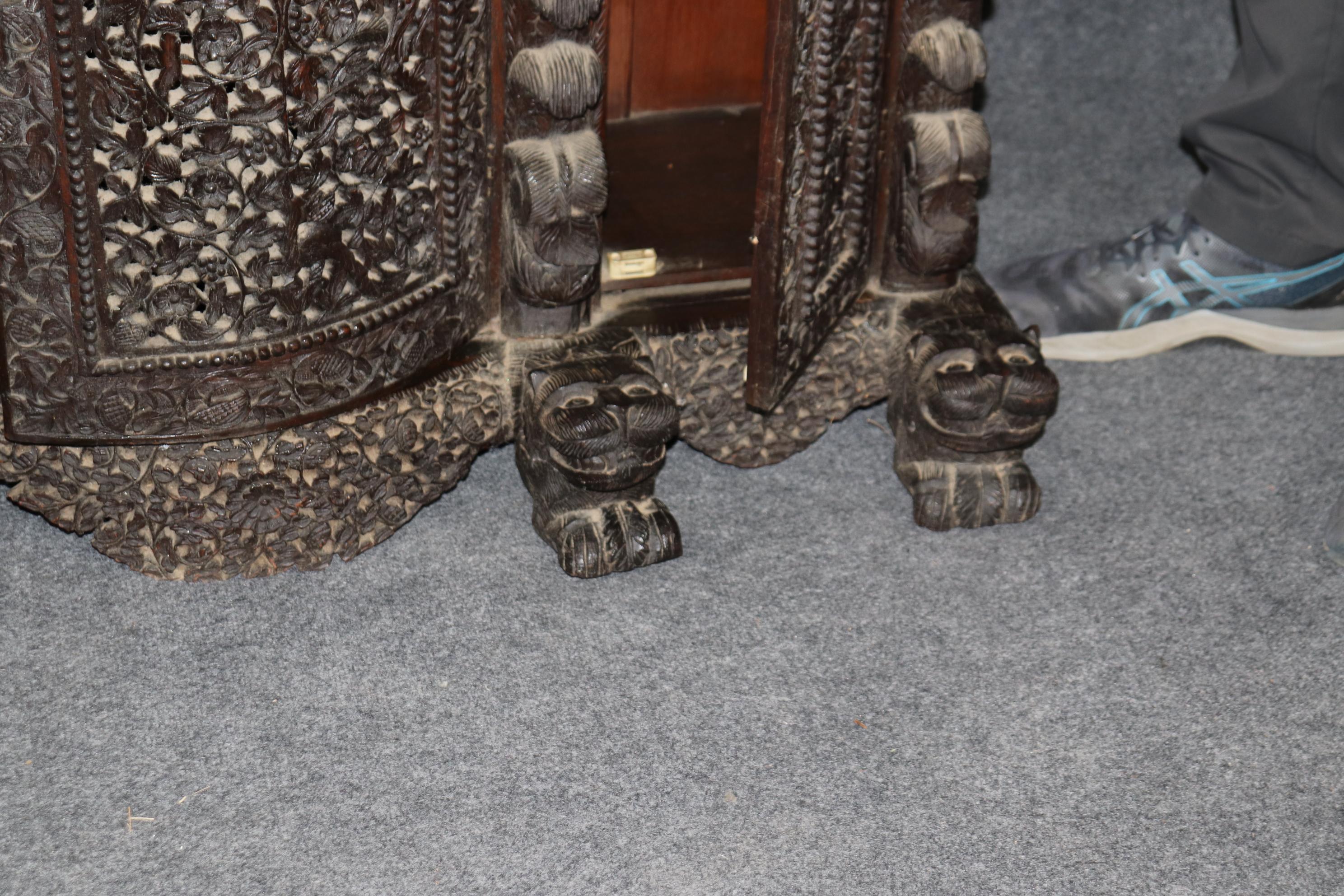 Carved Dark Teak Anglo-Indian Dog and Paw Footed Commode Buffet Cabinet 13