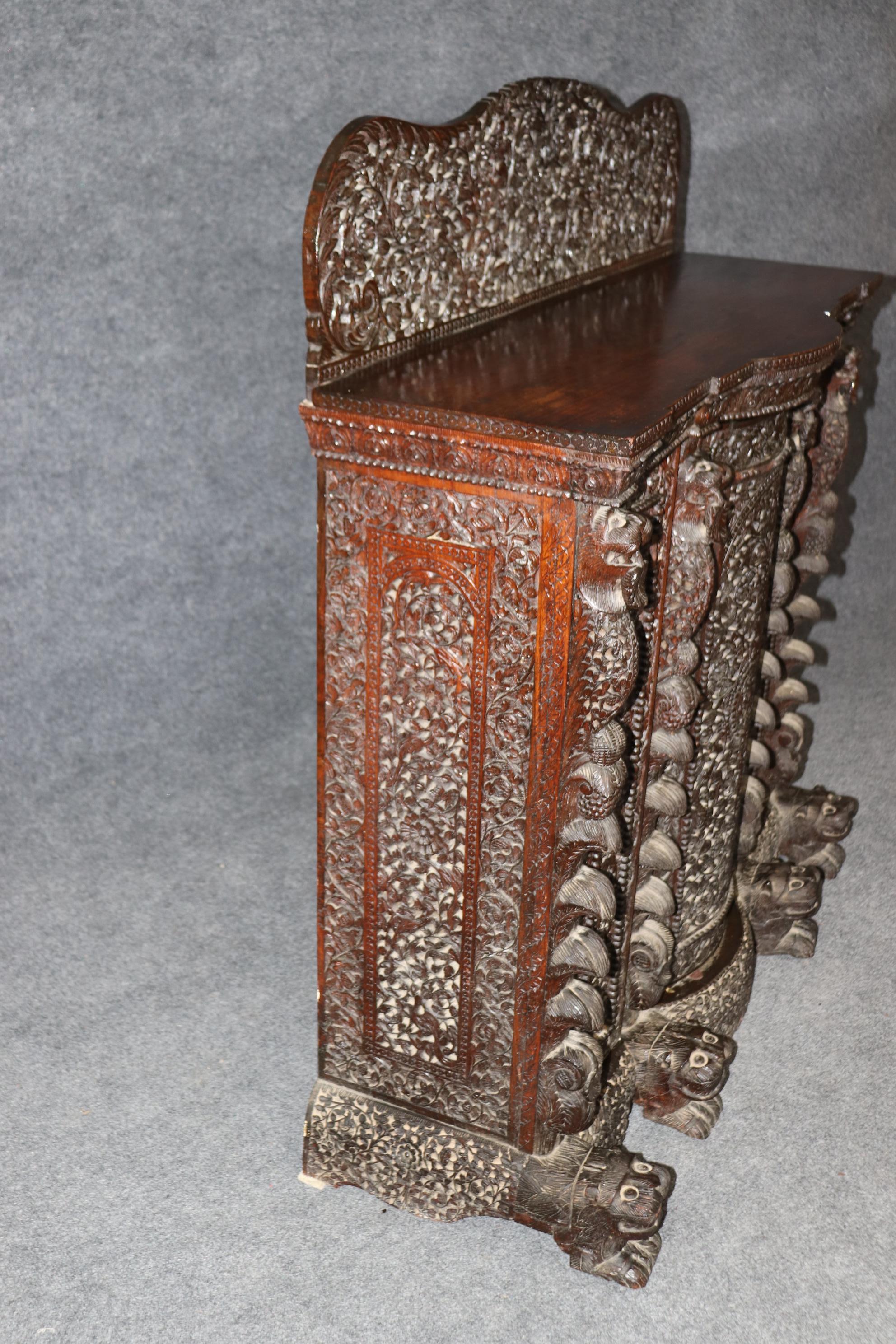 Carved Dark Teak Anglo-Indian Dog and Paw Footed Commode Buffet Cabinet 14