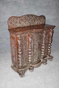 Carved Dark Teak Anglo-Indian Dog and Paw Footed Commode Buffet Cabinet