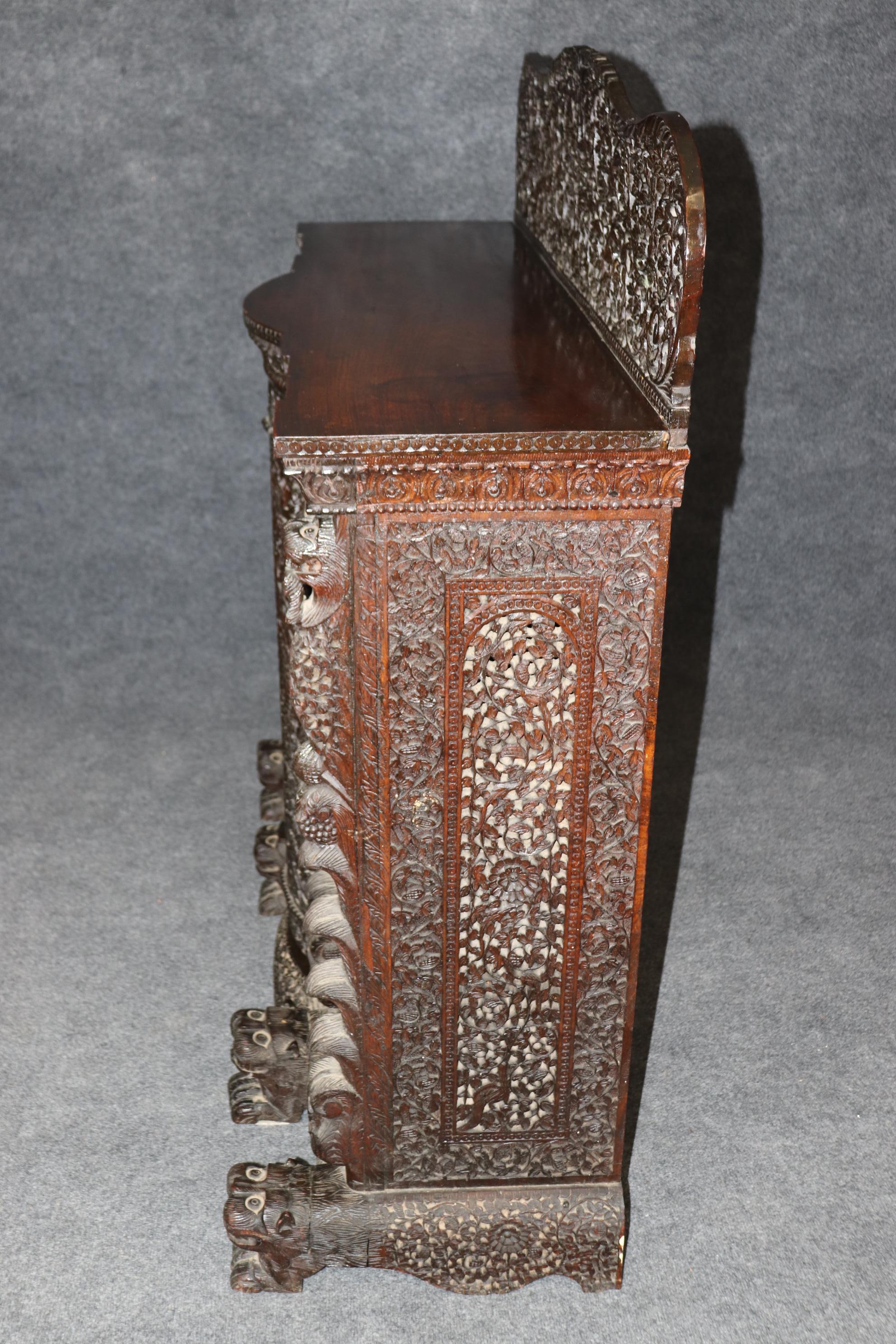 Carved Dark Teak Anglo-Indian Dog and Paw Footed Commode Buffet Cabinet 16