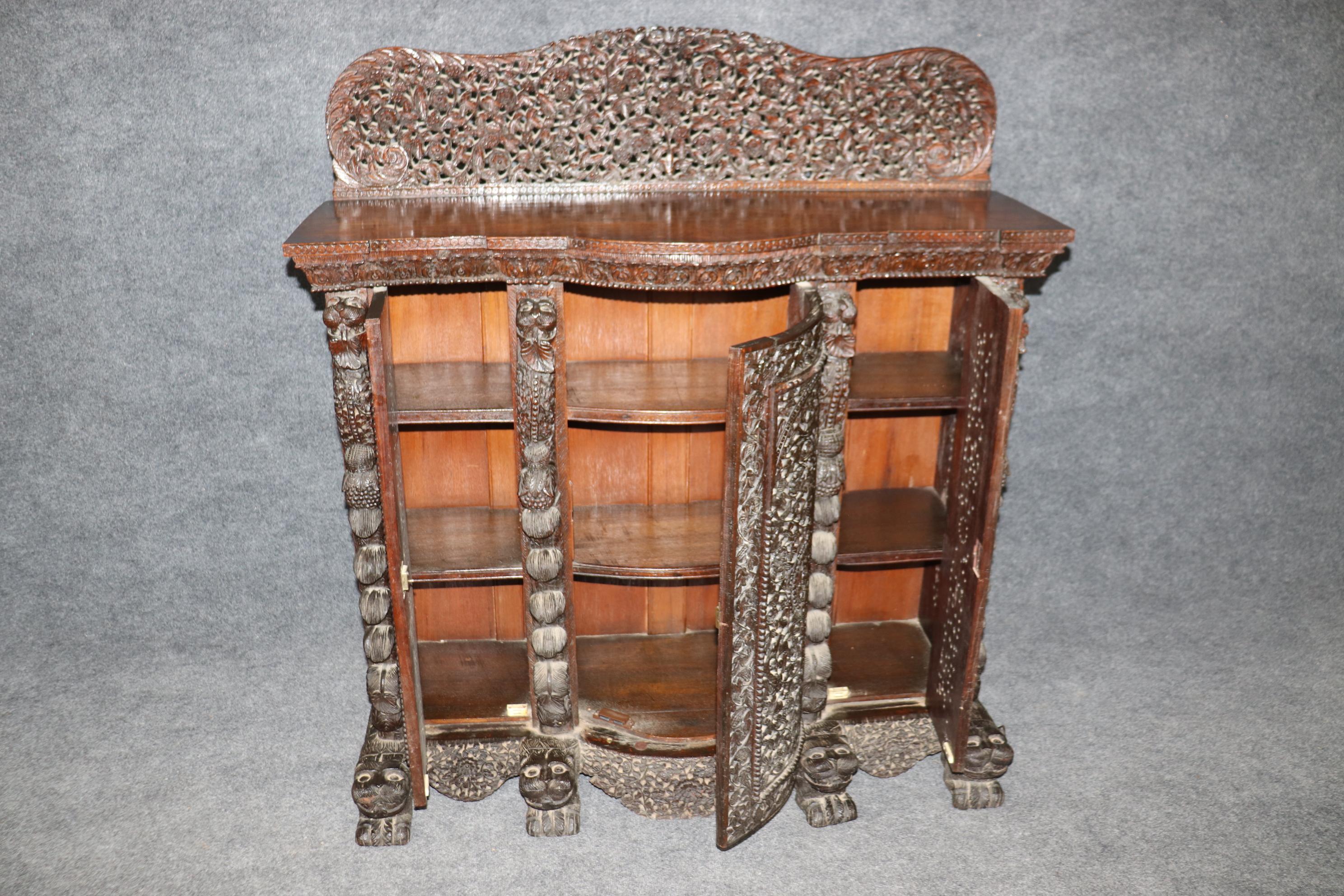 Carved Dark Teak Anglo-Indian Dog and Paw Footed Commode Buffet Cabinet In Good Condition In Swedesboro, NJ