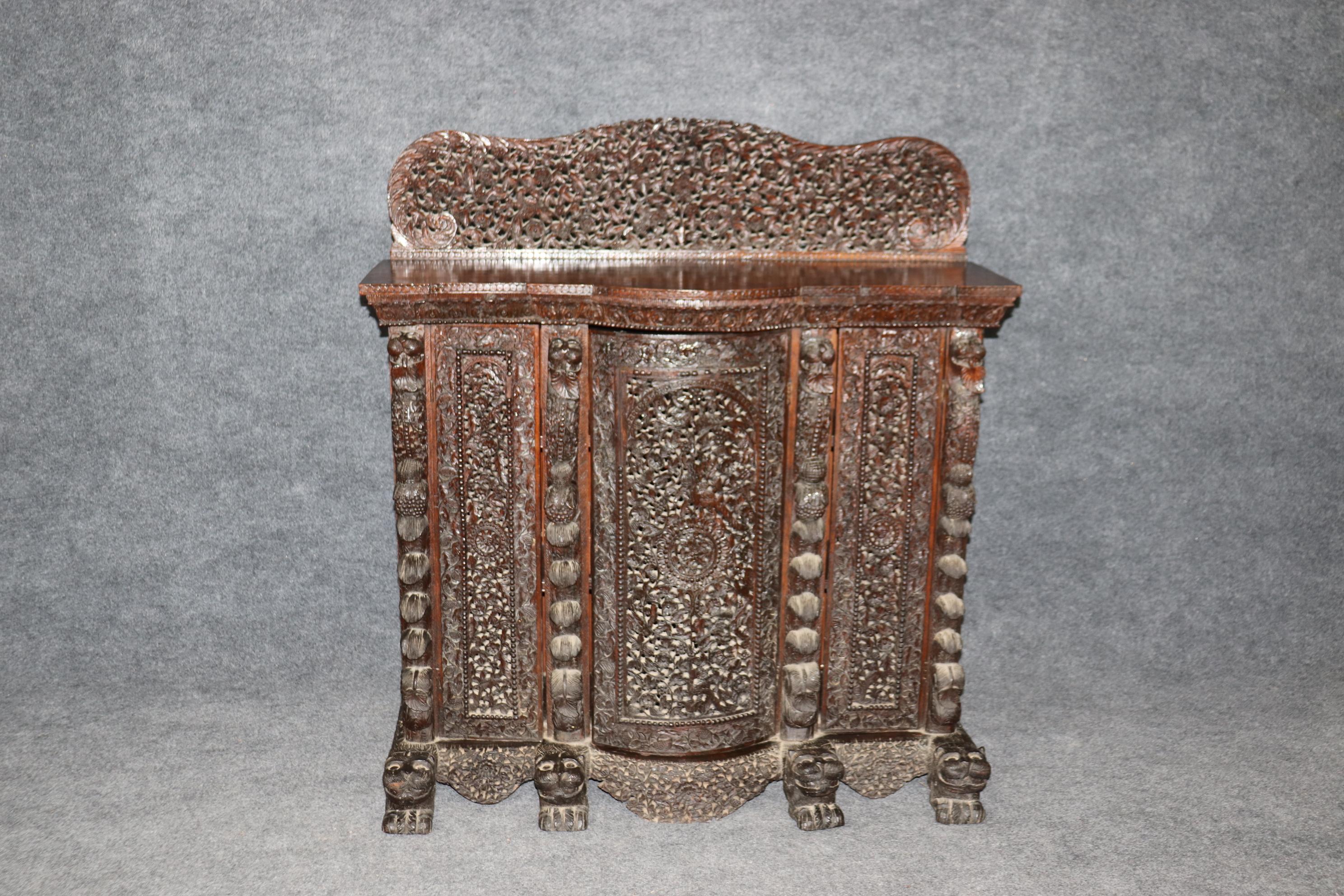 Carved Dark Teak Anglo-Indian Dog and Paw Footed Commode Buffet Cabinet 1