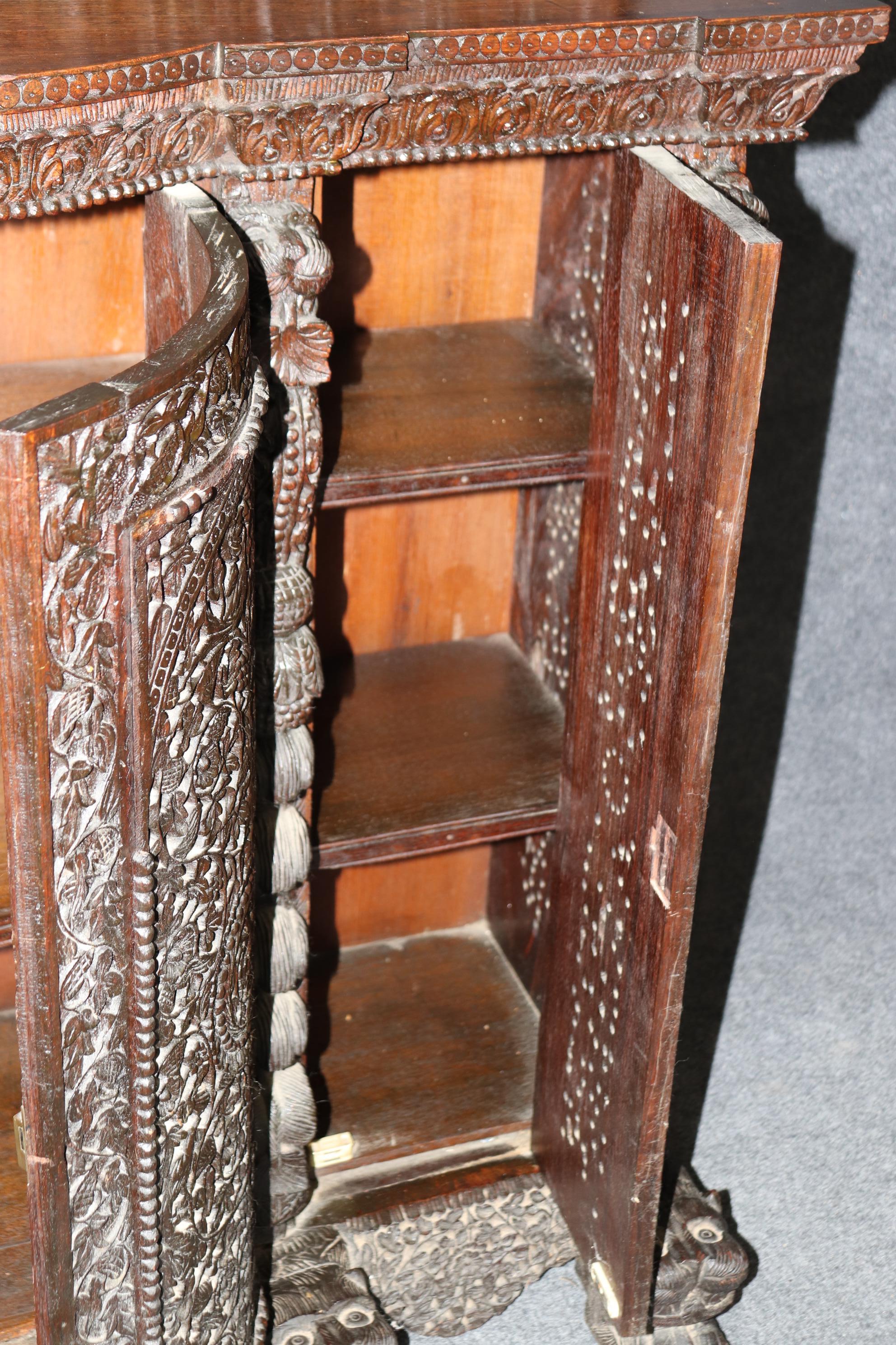 Carved Dark Teak Anglo-Indian Dog and Paw Footed Commode Buffet Cabinet 2