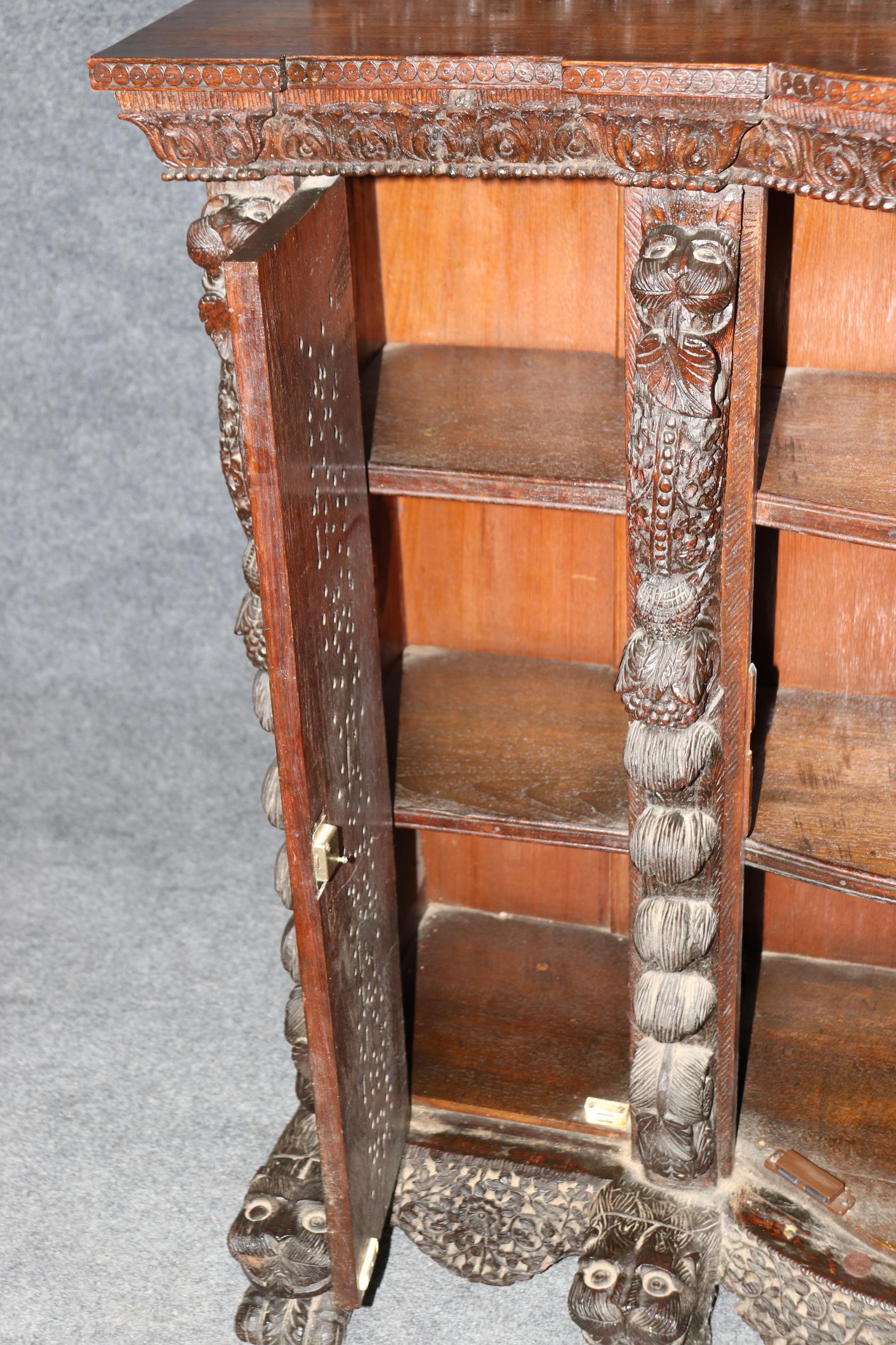 Carved Dark Teak Anglo-Indian Dog and Paw Footed Commode Buffet Cabinet 4