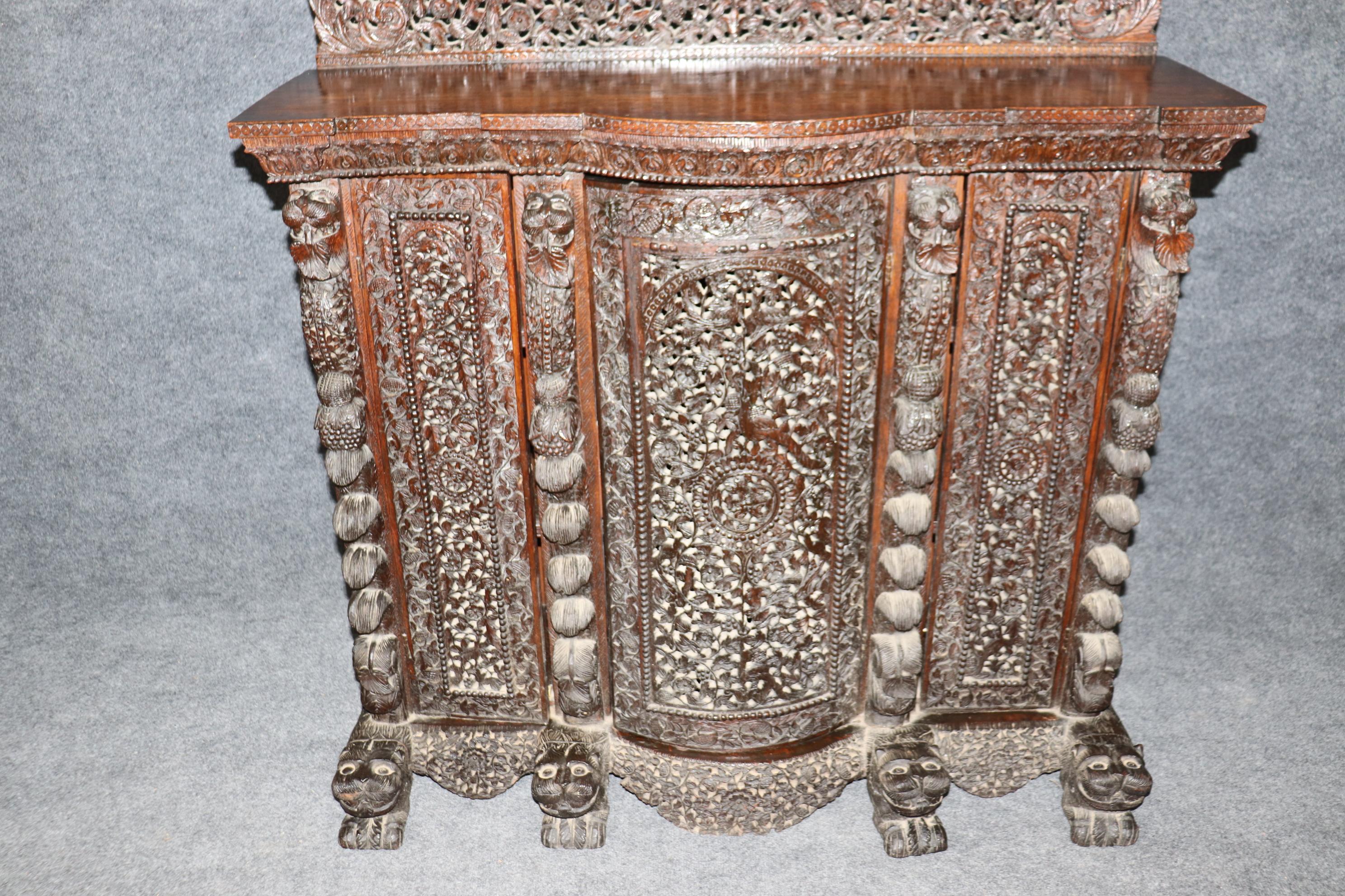 Carved Dark Teak Anglo-Indian Dog and Paw Footed Commode Buffet Cabinet 5
