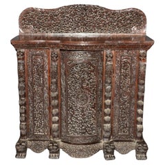 Carved Dark Teak Anglo-Indian Dog and Paw Footed Commode Buffet Cabinet