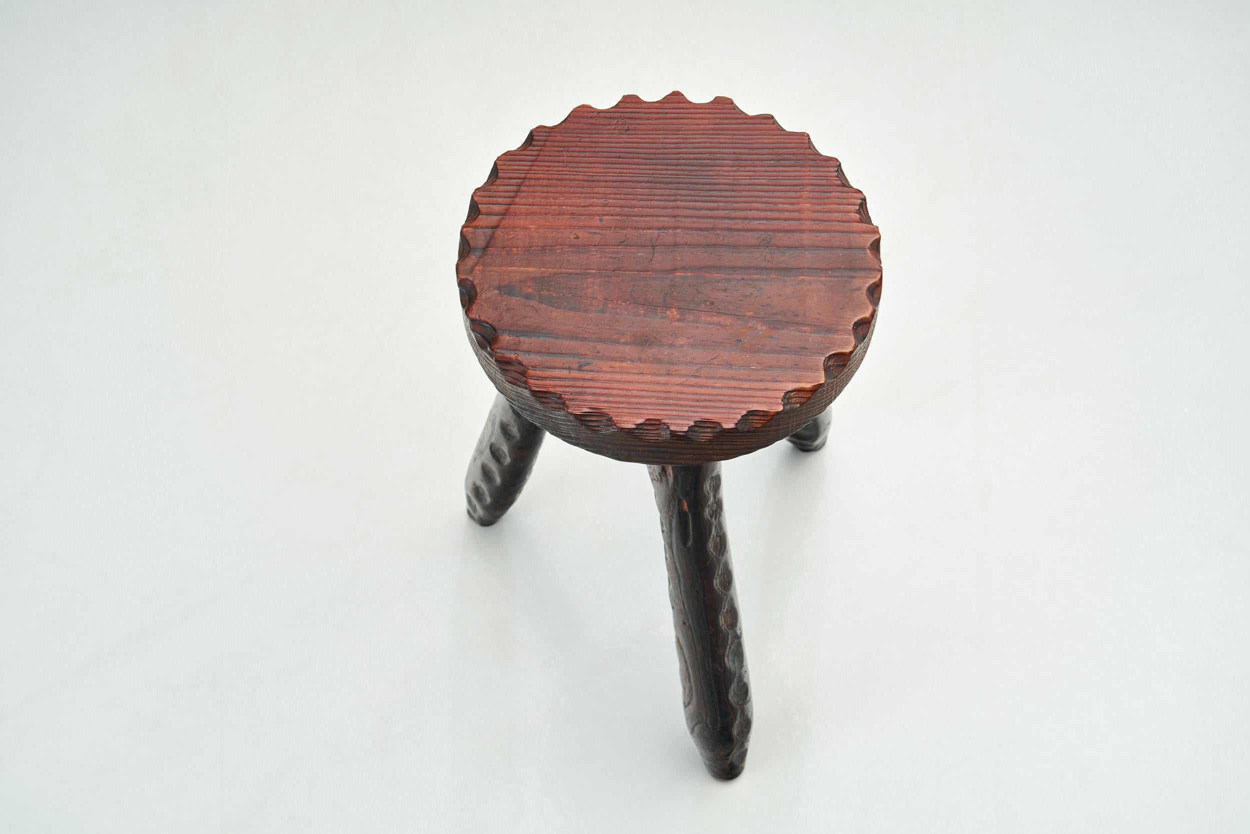 Wood Carved Dark Tripod Stool, Europe Ca Mid-20th Century