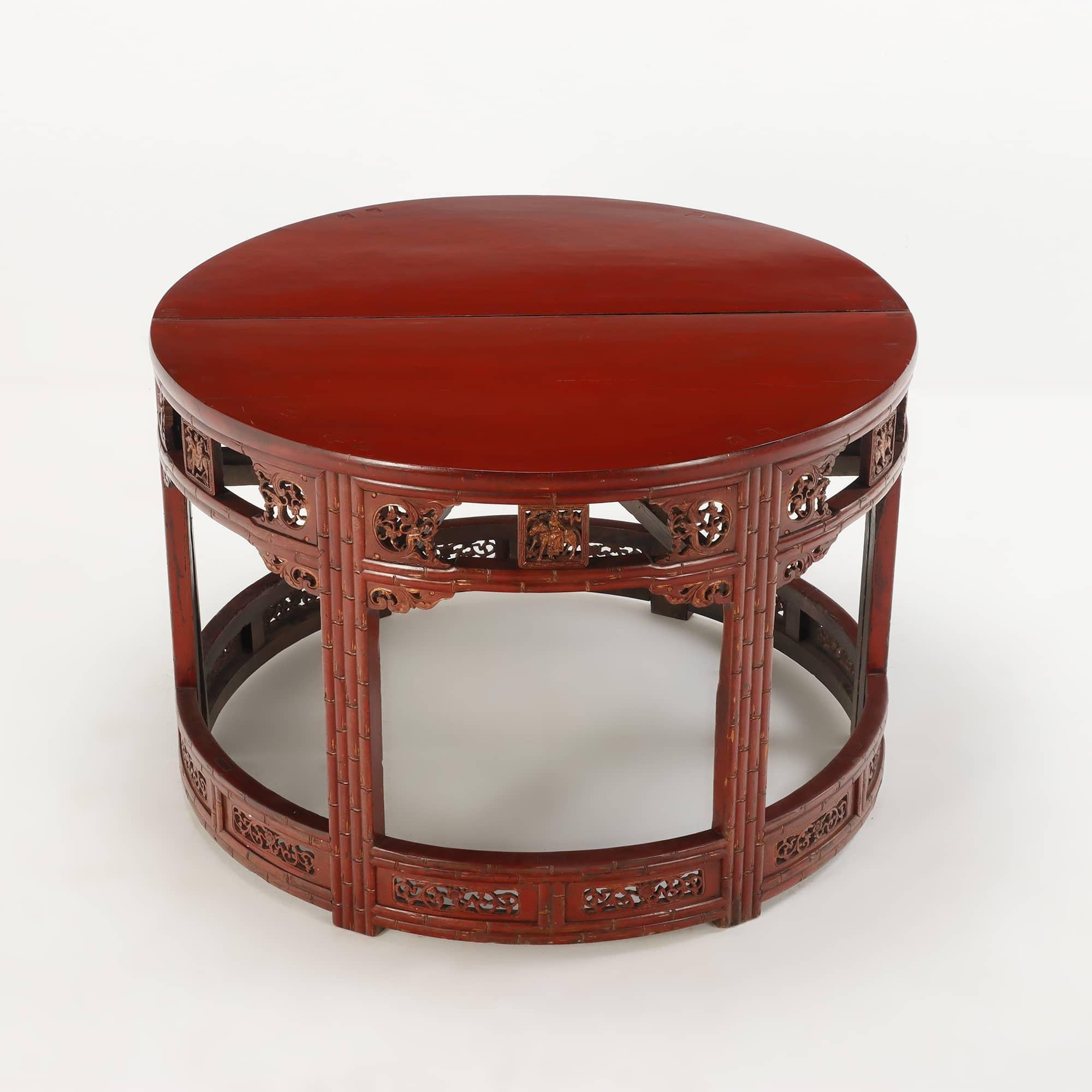Carved demi-lune Chinese console tables in red C 1880. Can be pushed together to make a center table.
Center table measuring: 32.5