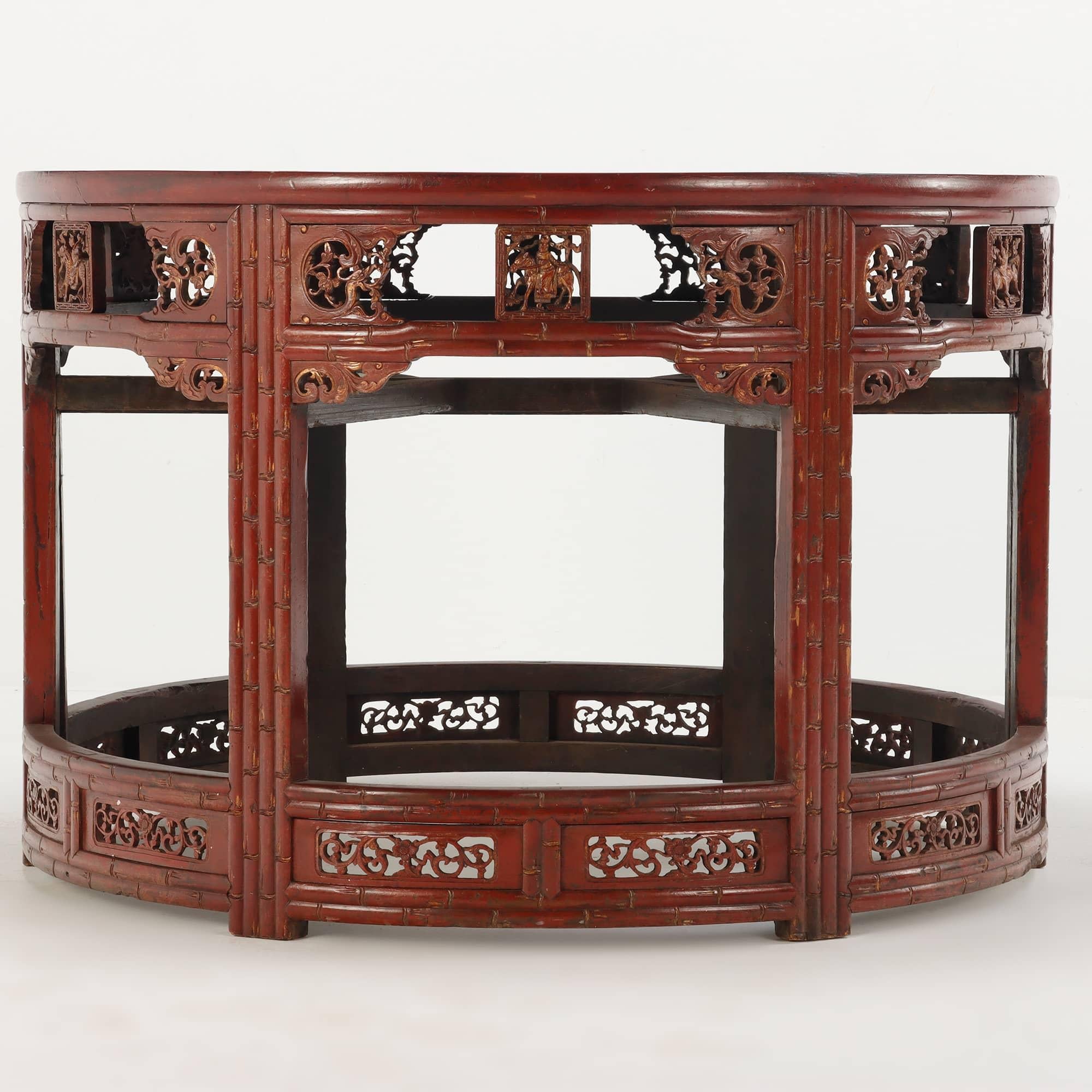 Chinoiserie Carved demi-lune Chinese console tables in red C 1880. For Sale