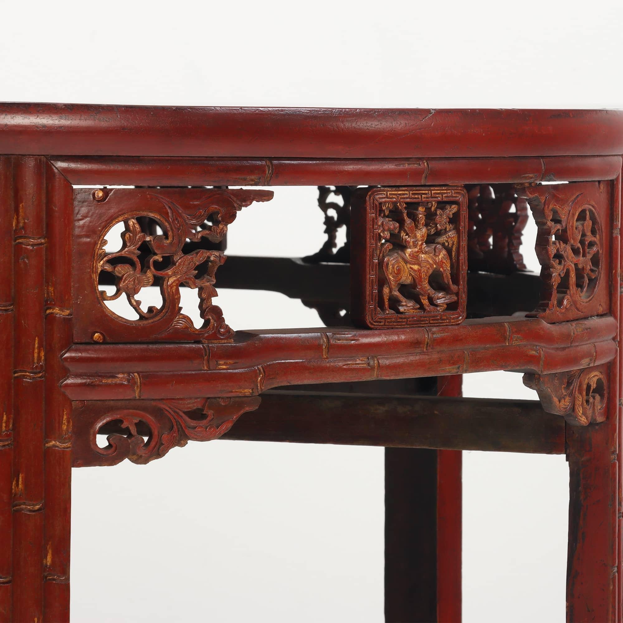 Carved demi-lune Chinese console tables in red C 1880. In Good Condition For Sale In Philadelphia, PA