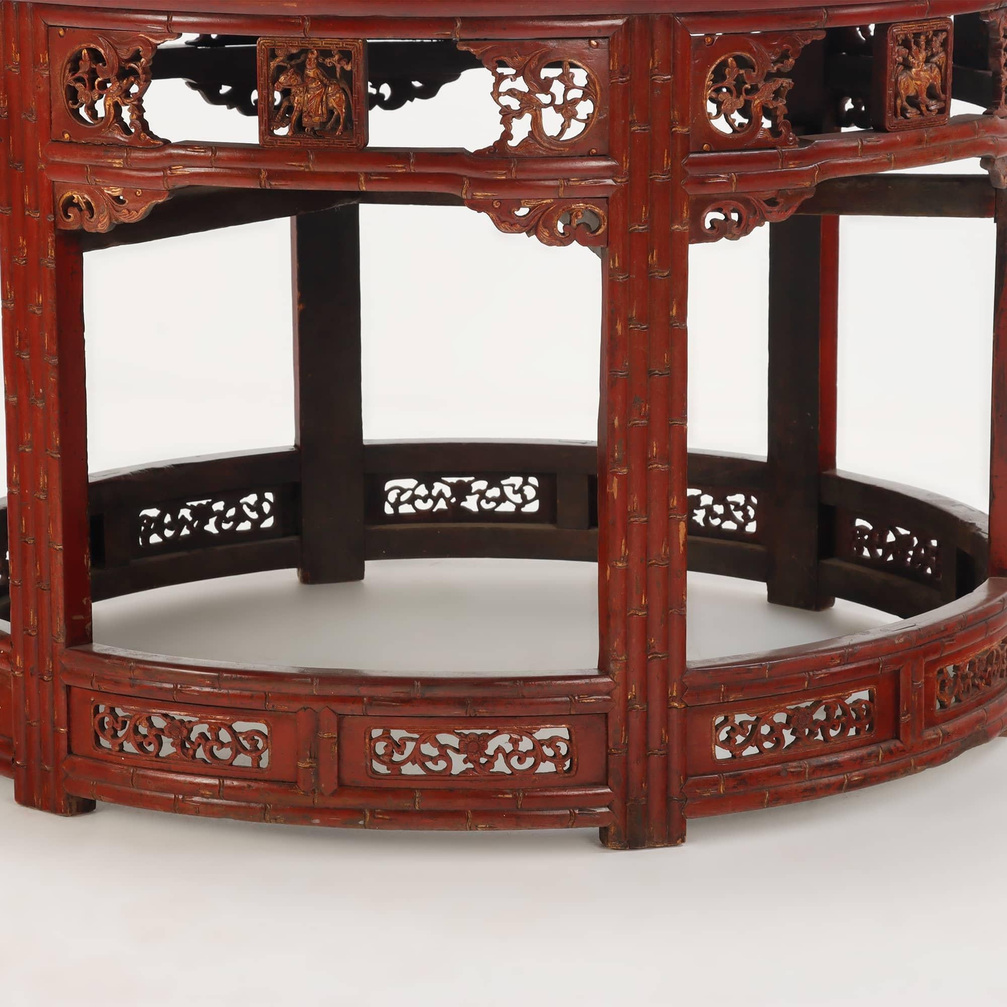 Late 19th Century Carved demi-lune Chinese console tables in red C 1880. For Sale