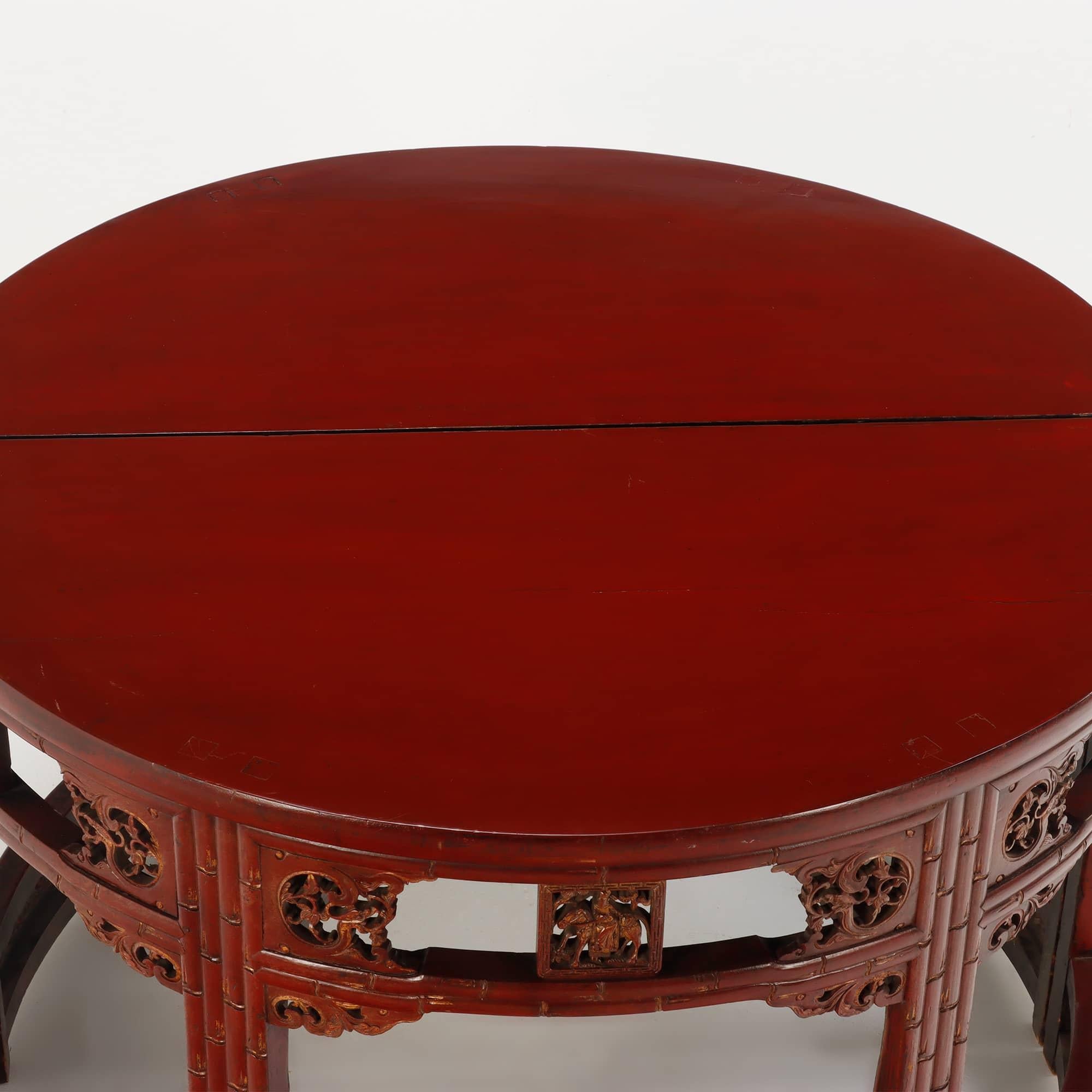 Wood Carved demi-lune Chinese console tables in red C 1880. For Sale