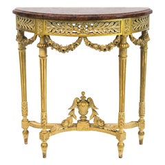 Carved Demilune Marble Top Console Table