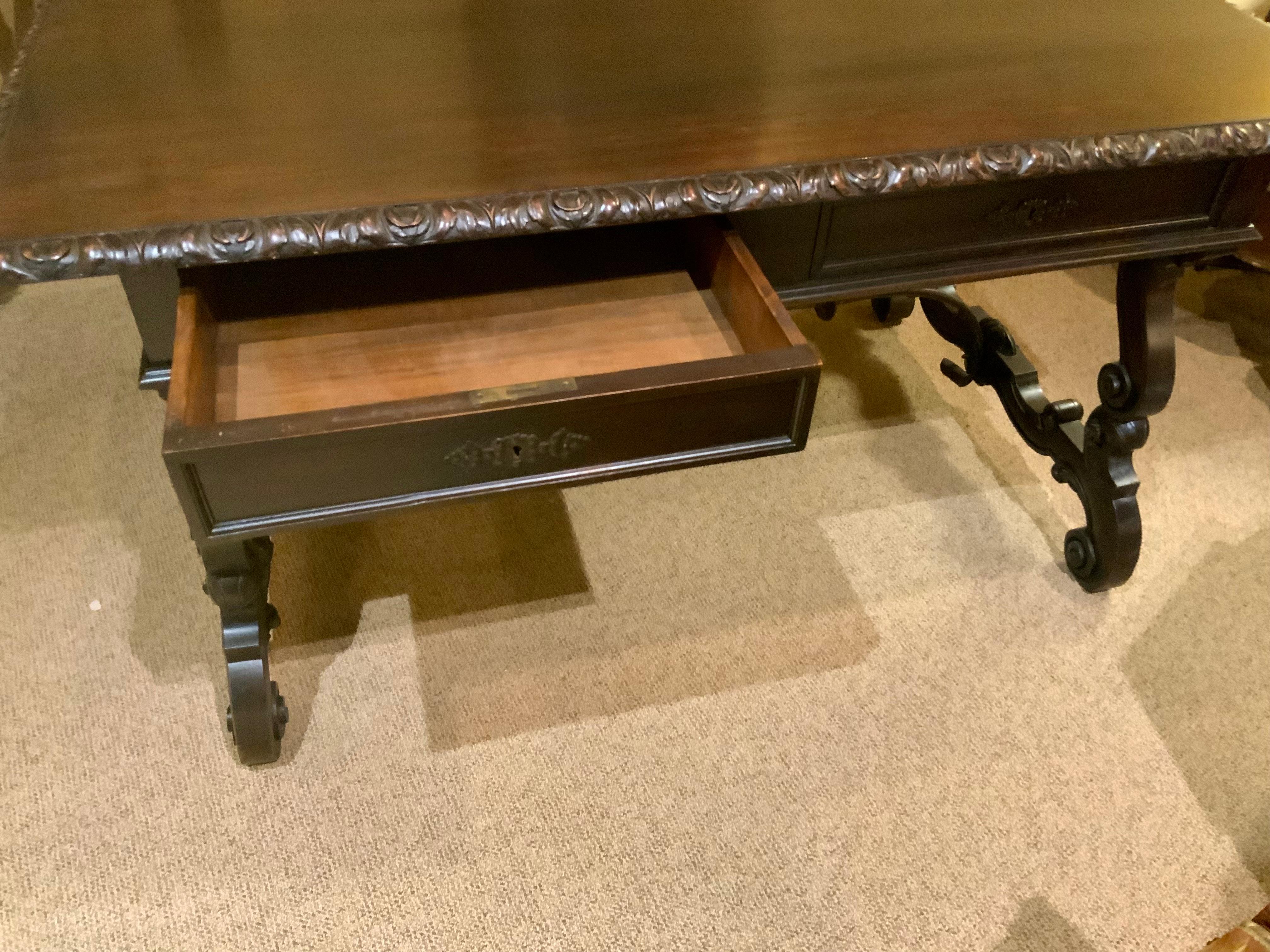 Carved desk from Spain with hand carving and iron stretcher  For Sale 3
