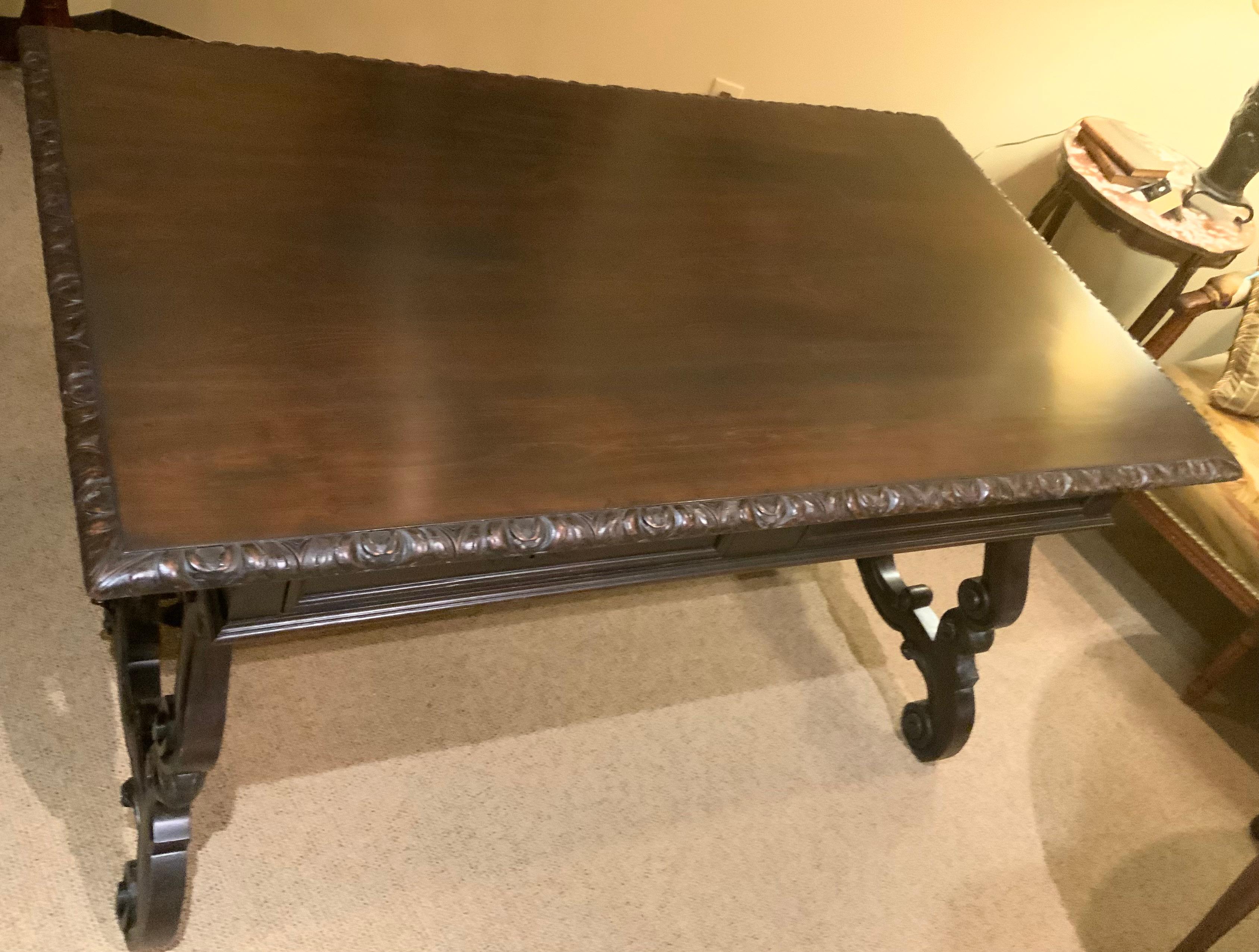 Carved desk from Spain with hand carving and iron stretcher  For Sale 4